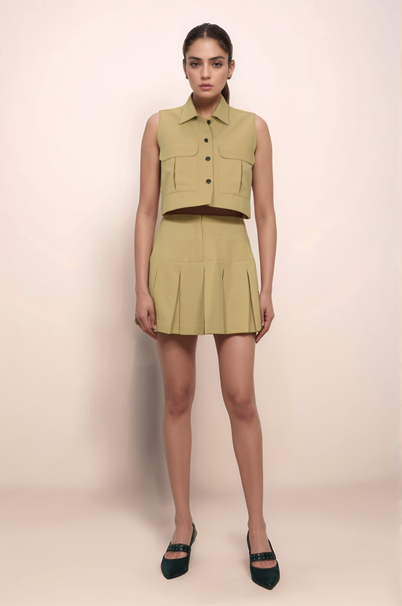 Khaki Pleated Skirt