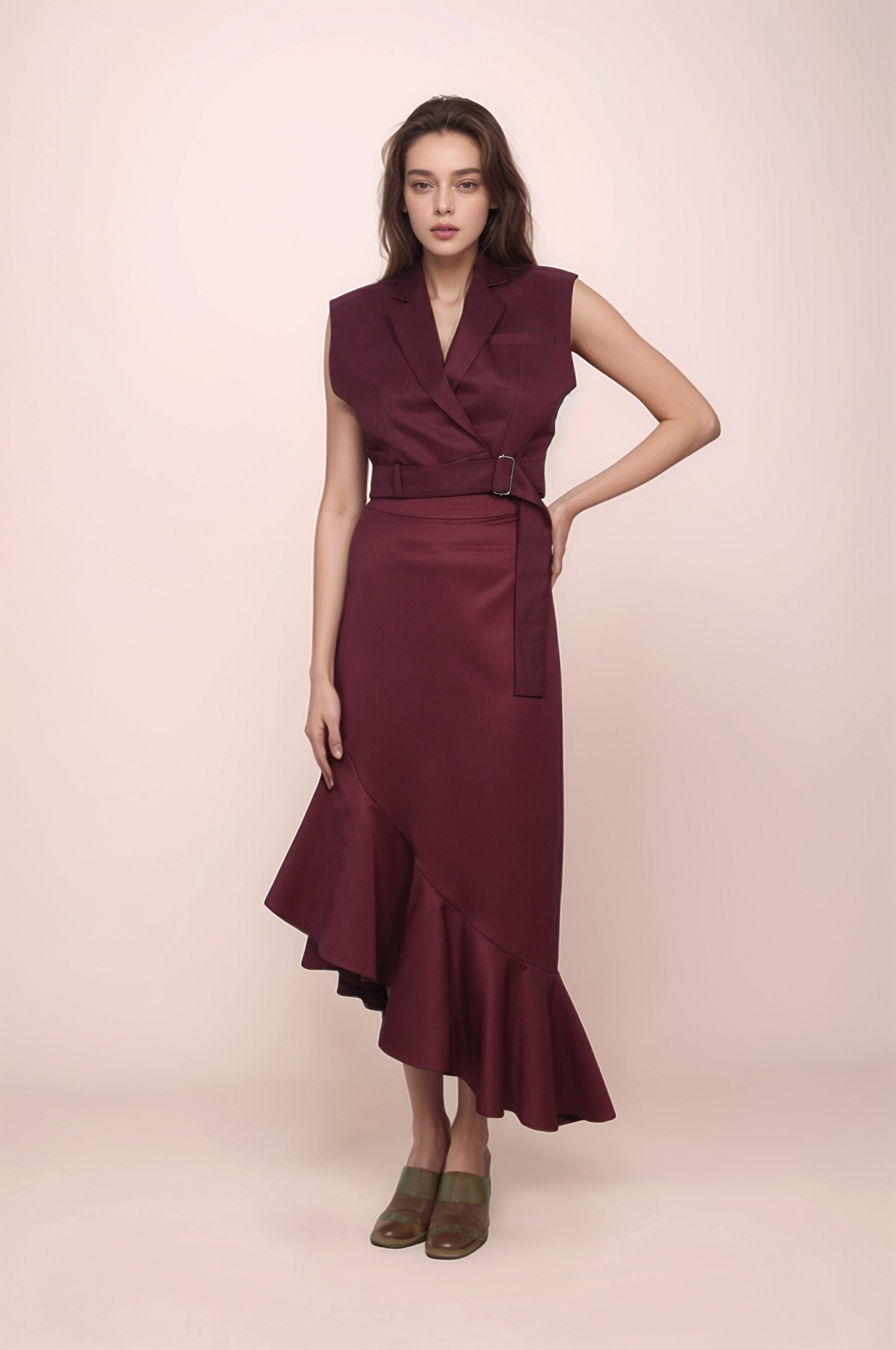 Maroon Cropped Sleeveless Jacket Co-ord Suit