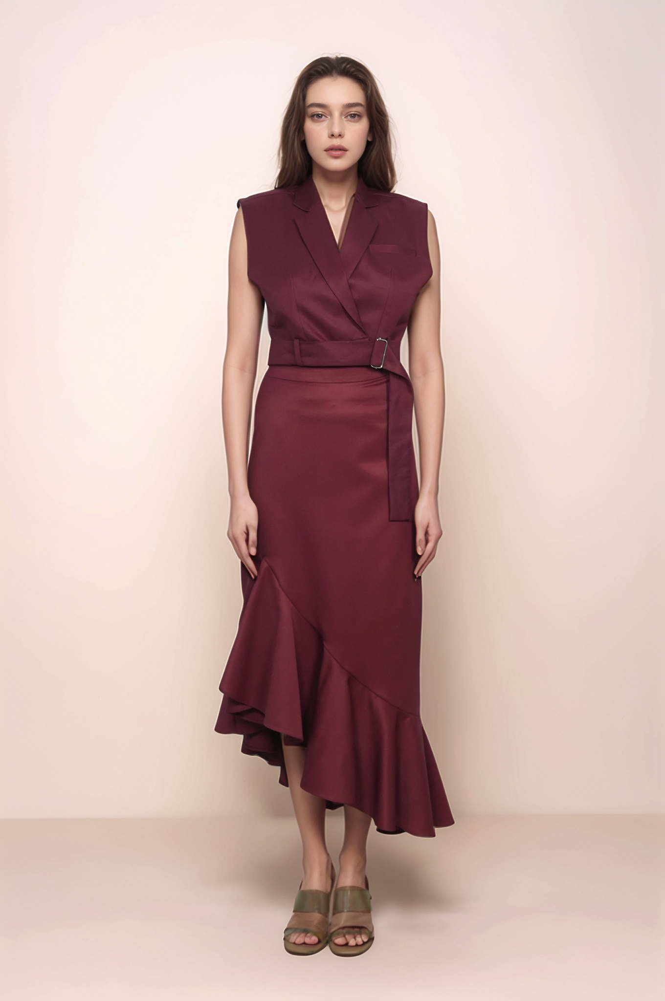 Maroon Cropped Sleeveless Jacket Co-ord Suit