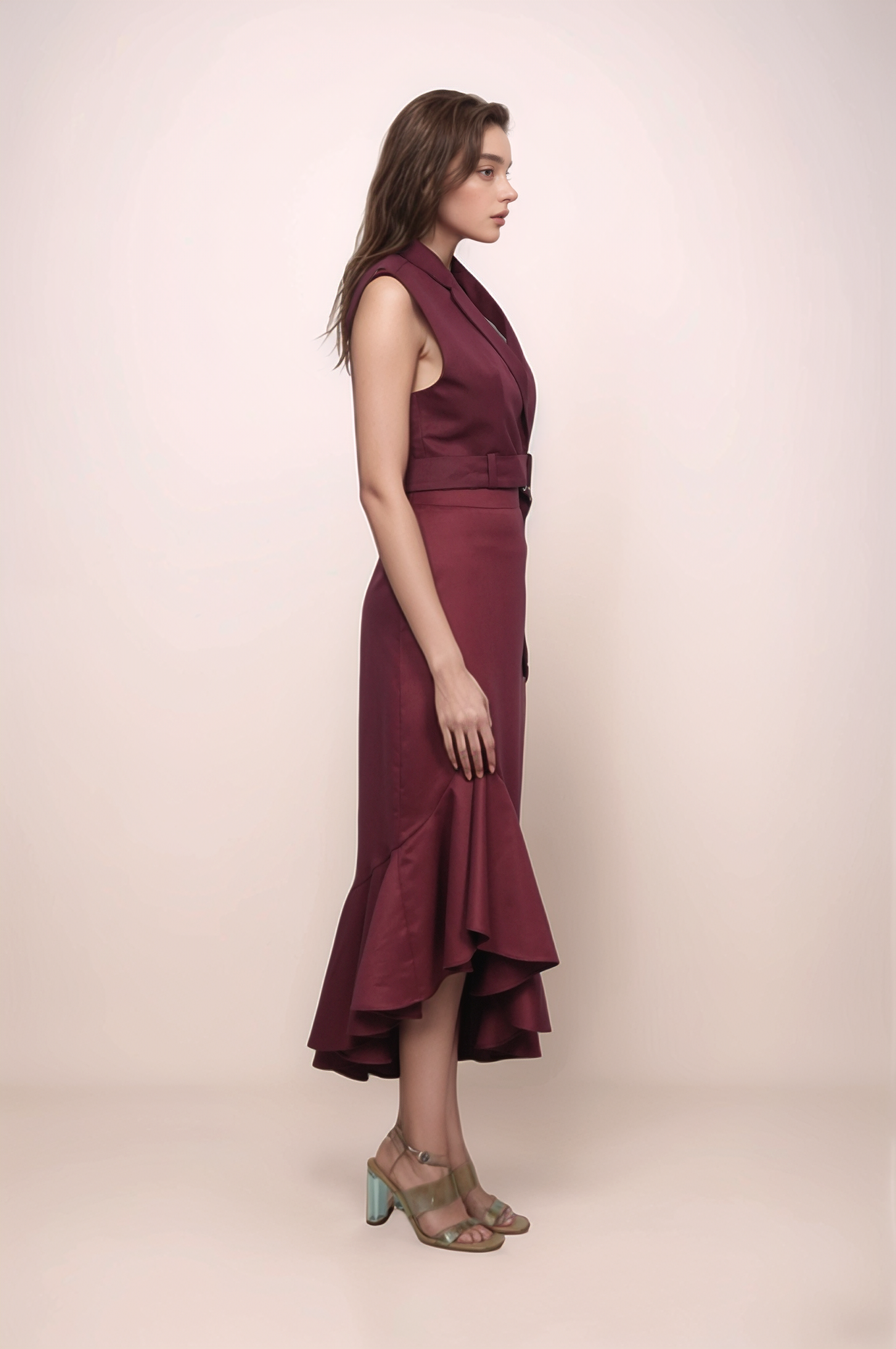 Maroon Cropped Sleeveless Jacket Co-ord Suit
