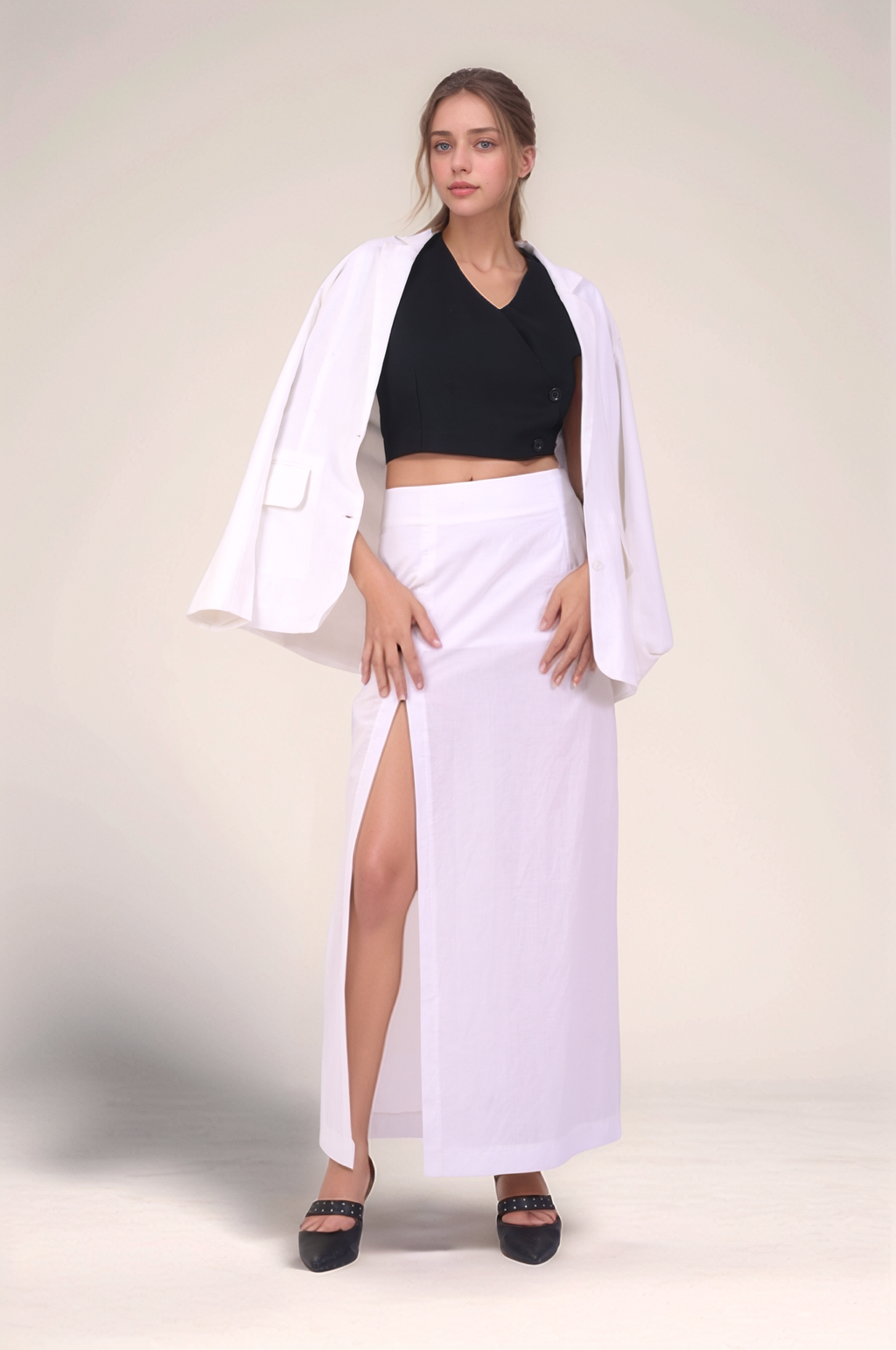 White-Black Cotton Three Piece Co-ord suit