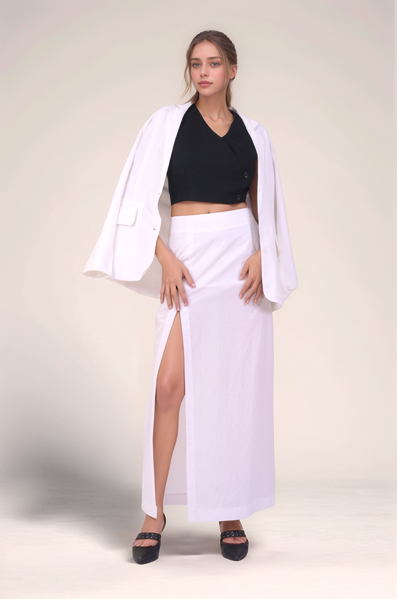 White-Black Cotton Three Piece Co-ord suit