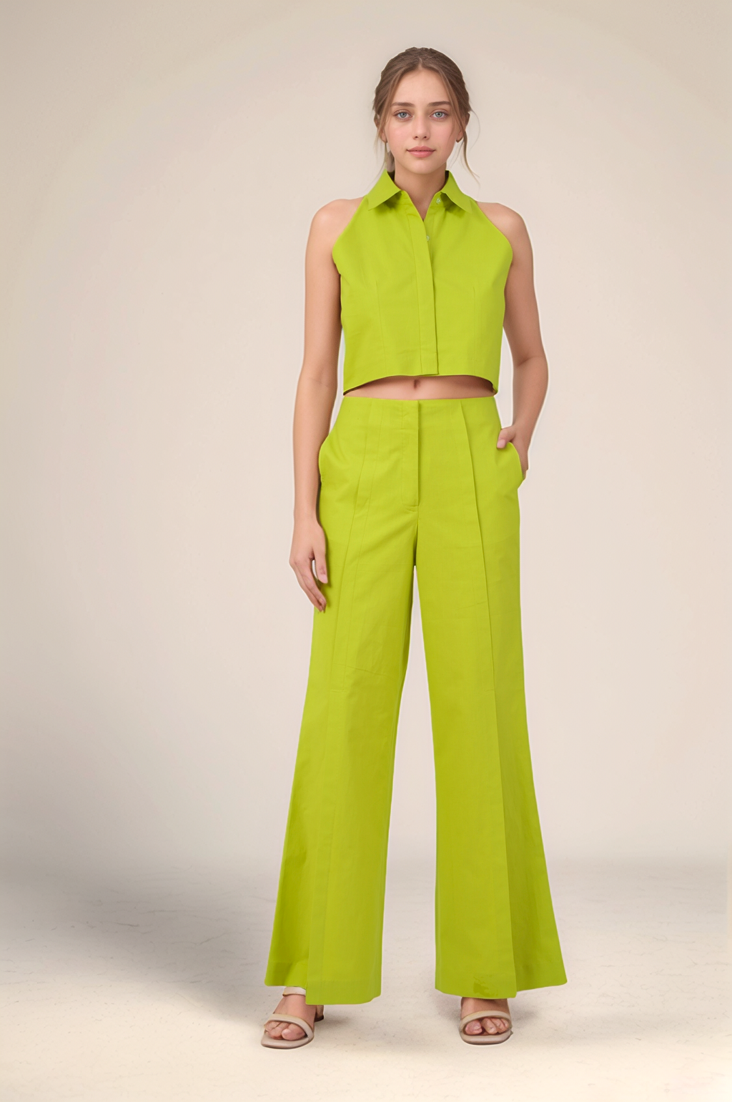 Lime Green Front Slit Cotton Trouser