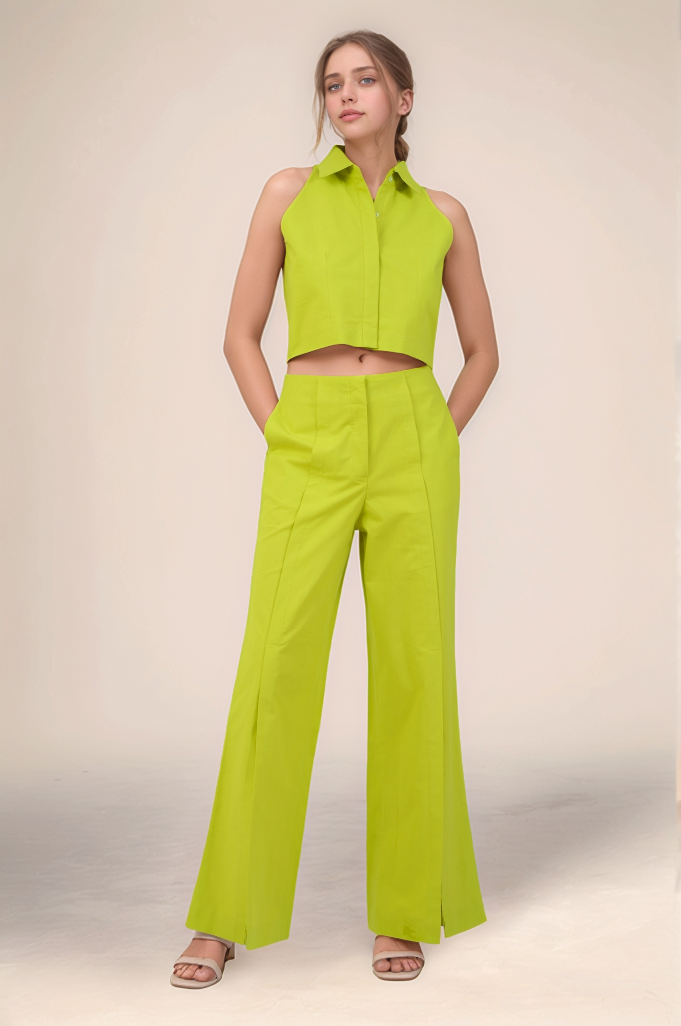 Lime Green Front Slit Cotton Trouser