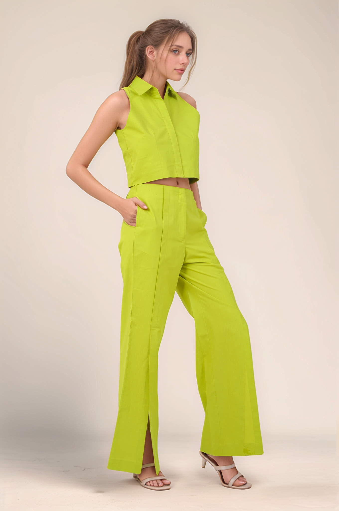 Lime Green Front Slit Cotton Trouser