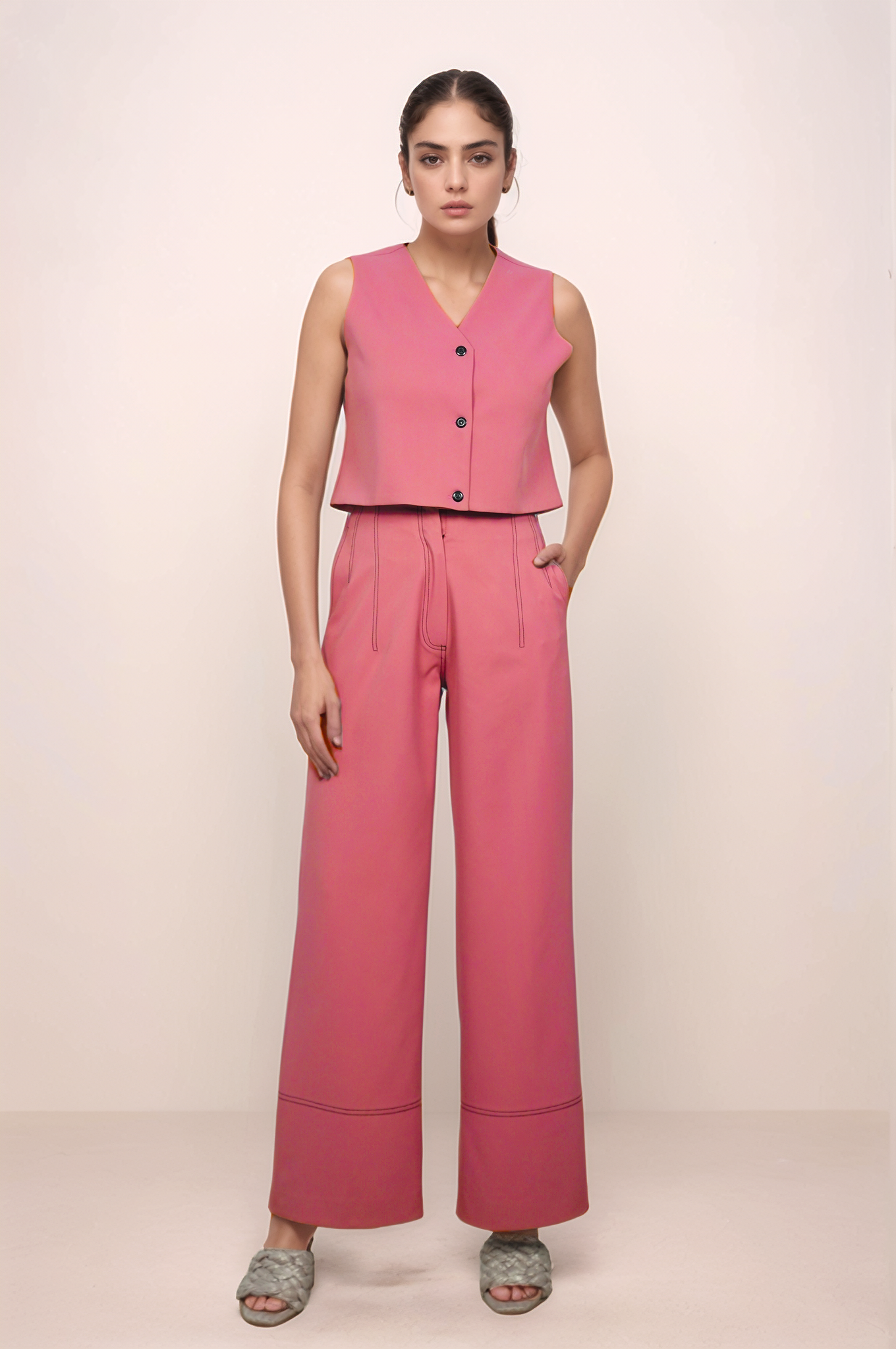 Coral Pink Crop Sleeveless Jacket