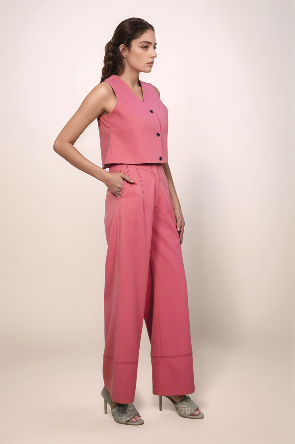 Coral Pink Crop Sleeveless Jacket Co-ord suit