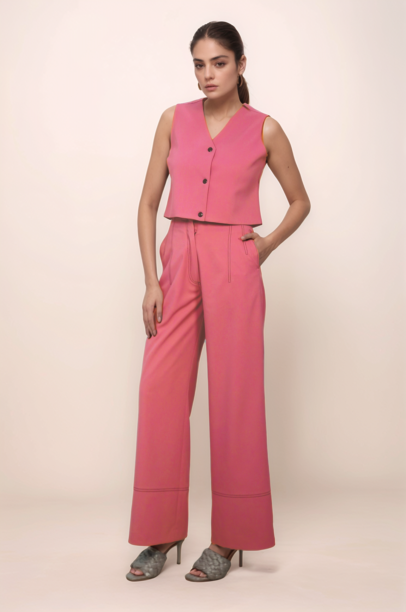 Coral Pink Crop Sleeveless Jacket