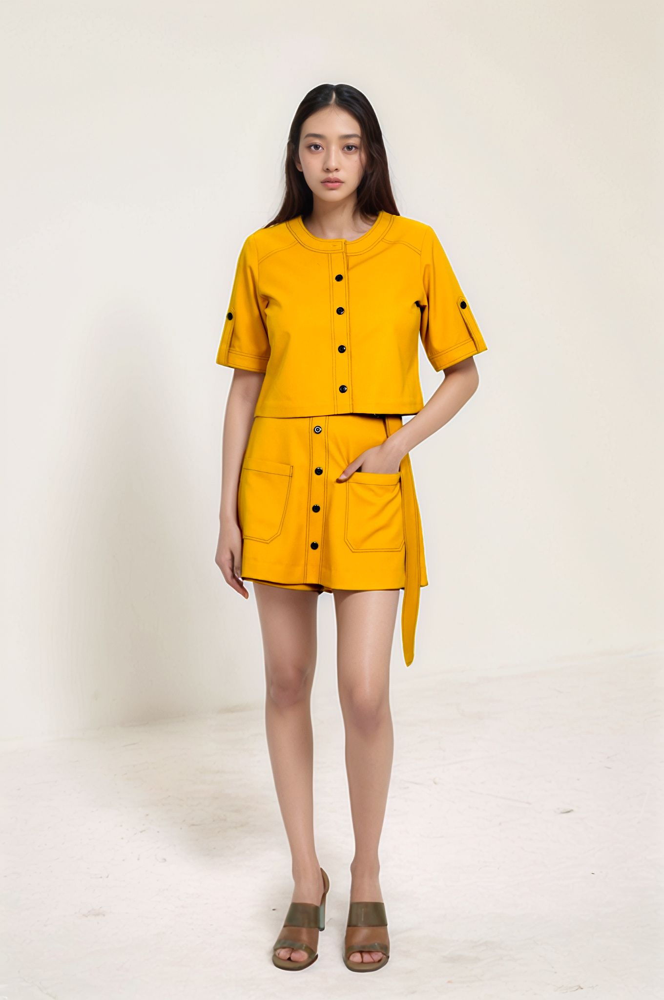 Turmeric Yellow Round Neck Jacket-Shorts Co-ord Suit