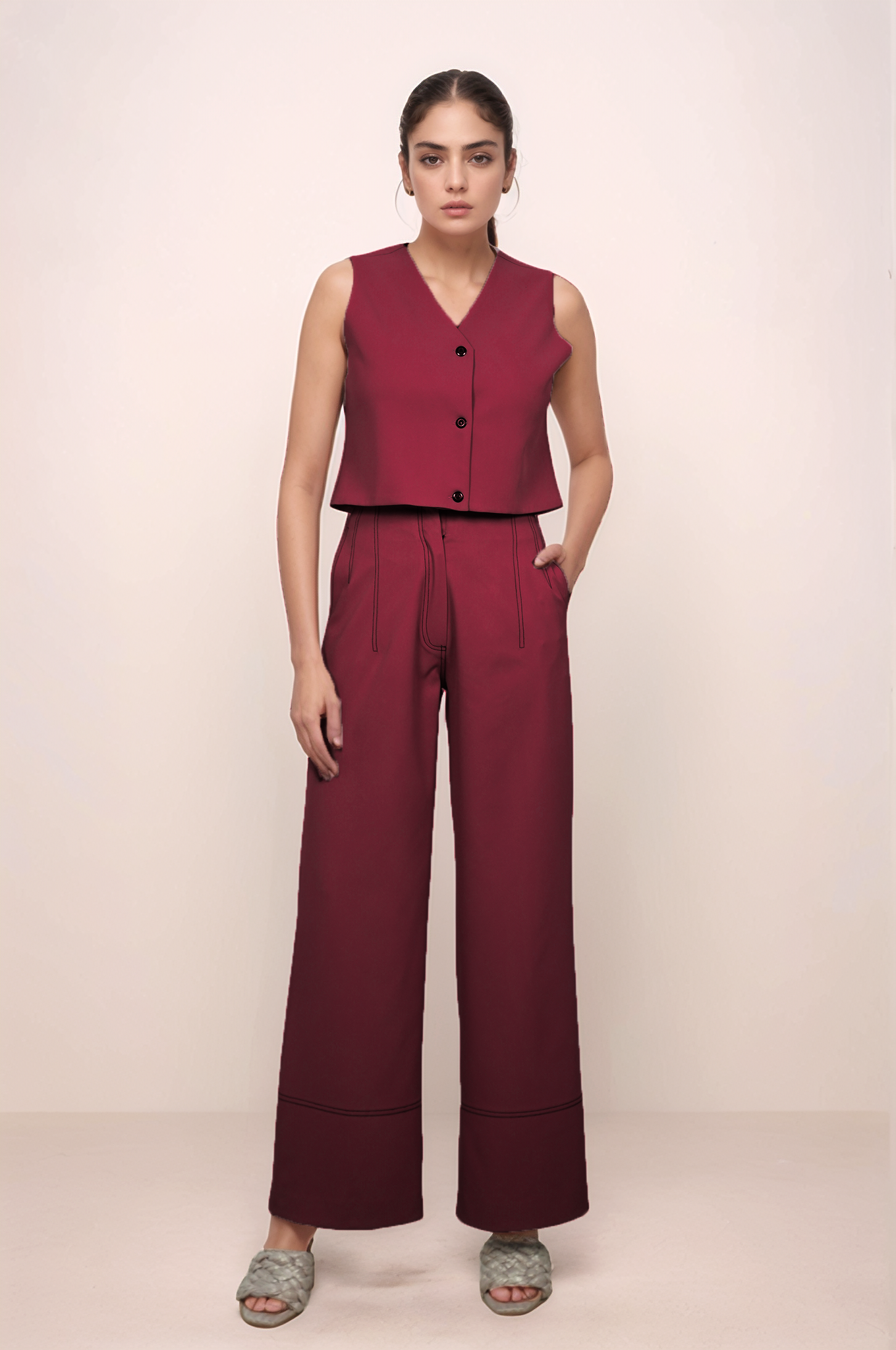 Maroon Crop Sleeveless Jacket Co-ord suit
