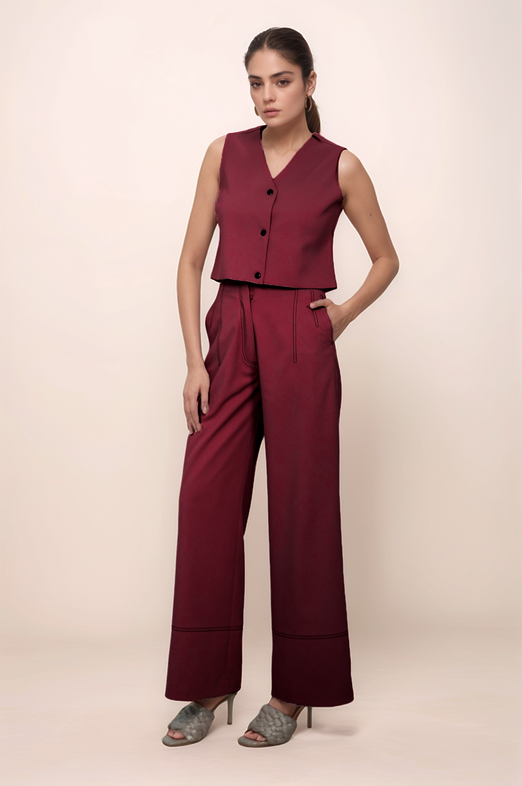 Maroon Crop Sleeveless Jacket