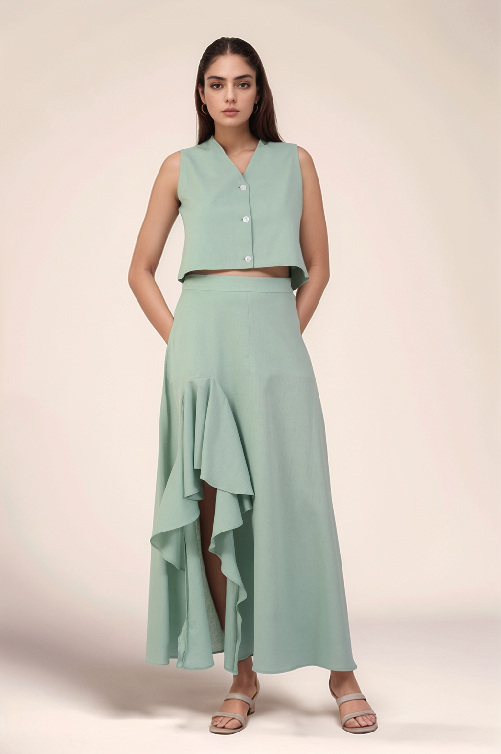 Pastel Green Cascade Ruffle Skirt