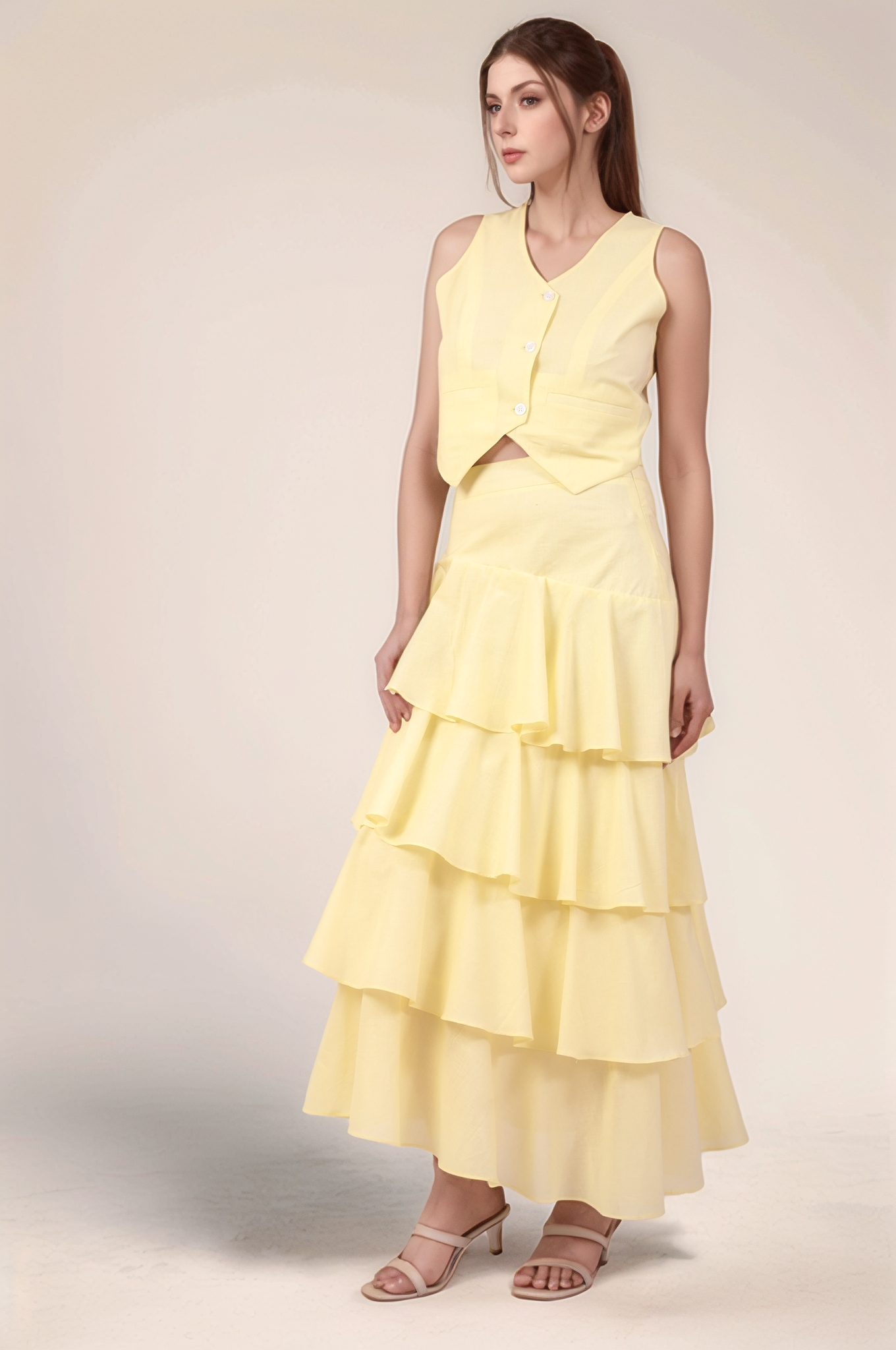 Pale Yellow V-Neck Cotton Crop Co-ord suit