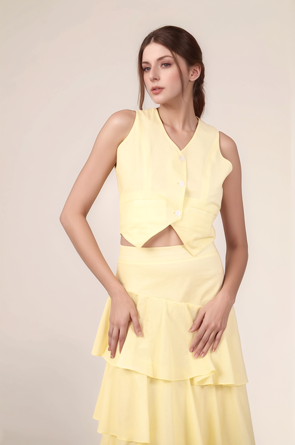 Pale Yellow V-Neck Cotton Jacket