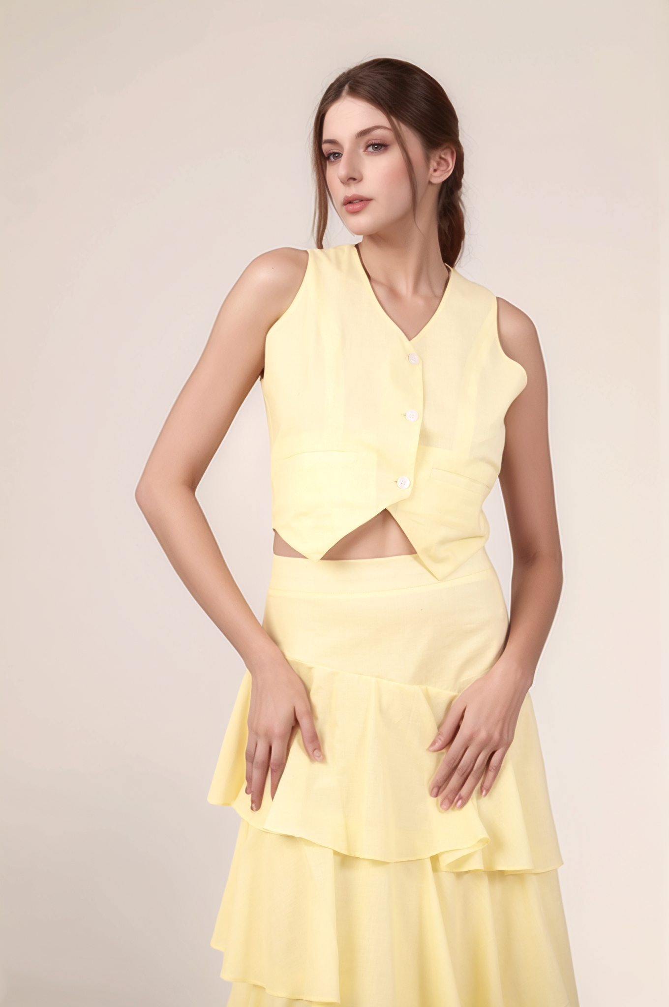 Pale Yellow V-Neck Cotton Crop Co-ord suit