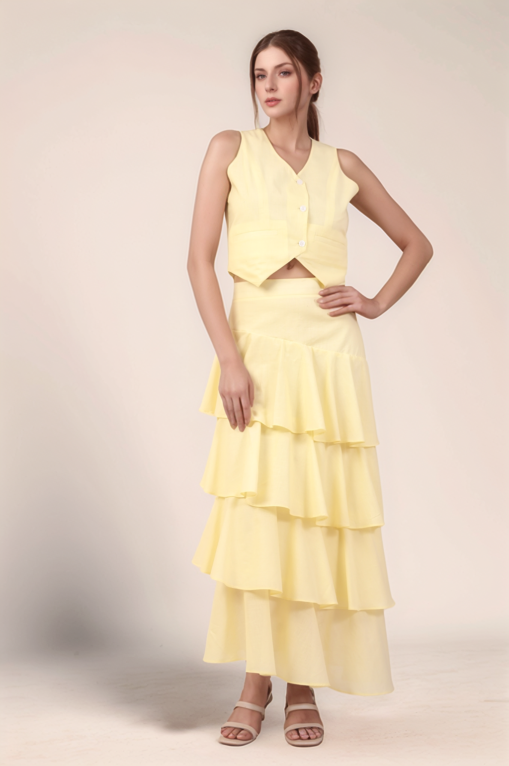 Pale Yellow V-Neck Cotton Crop Co-ord suit