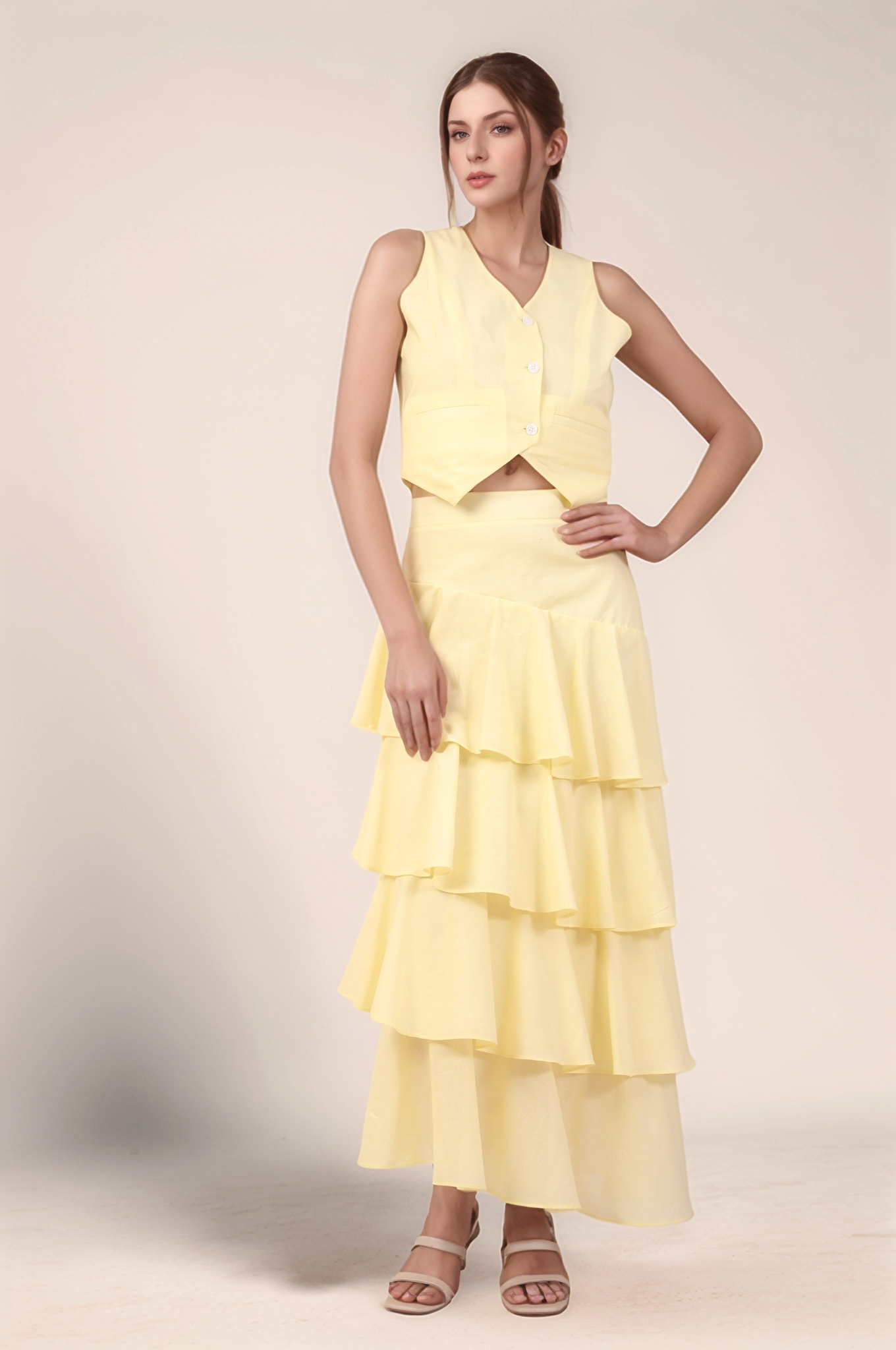 Pale Yellow Cotton Layered Skirt