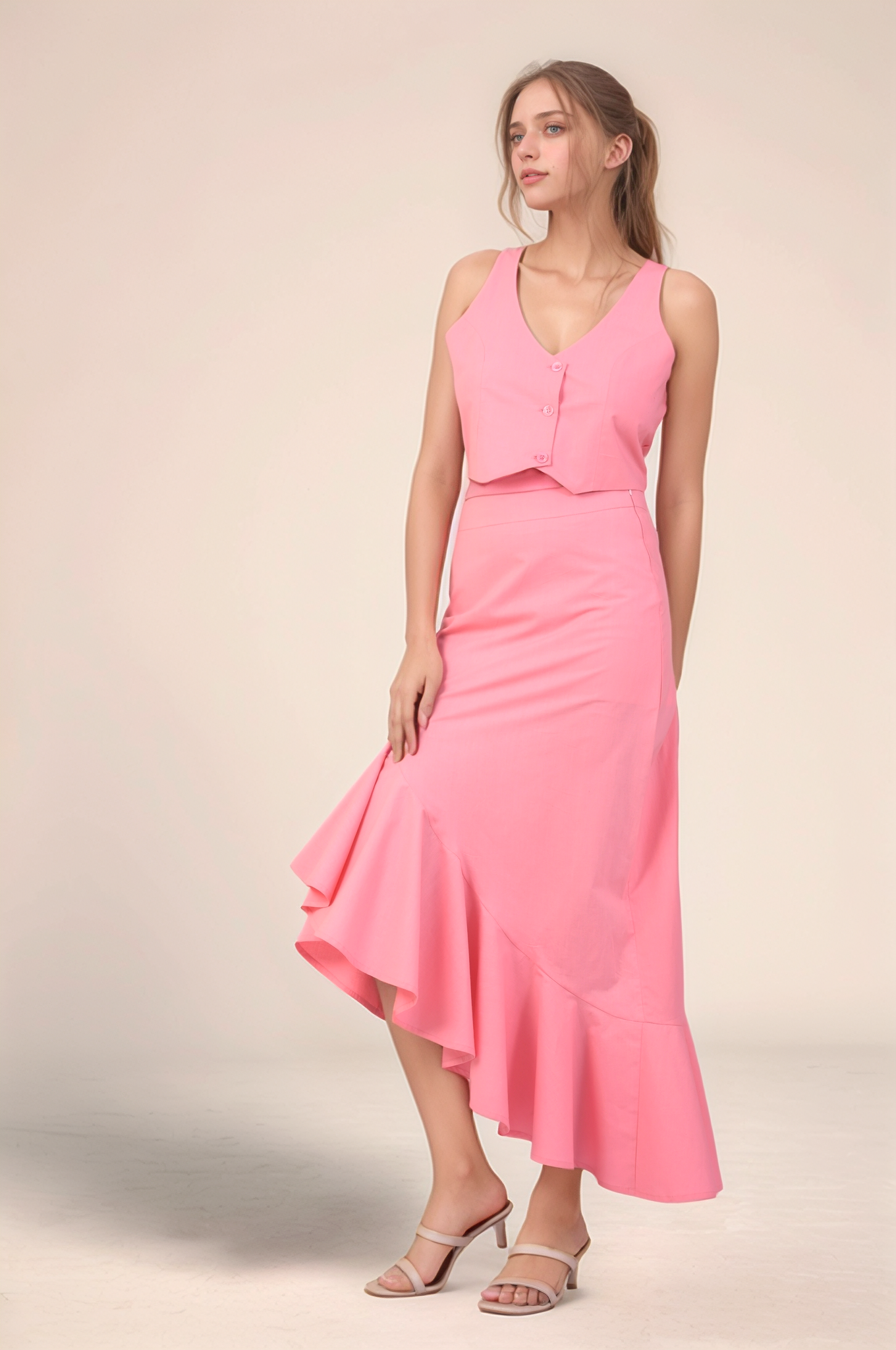 Pink Ruffle Asymmetry Skirt