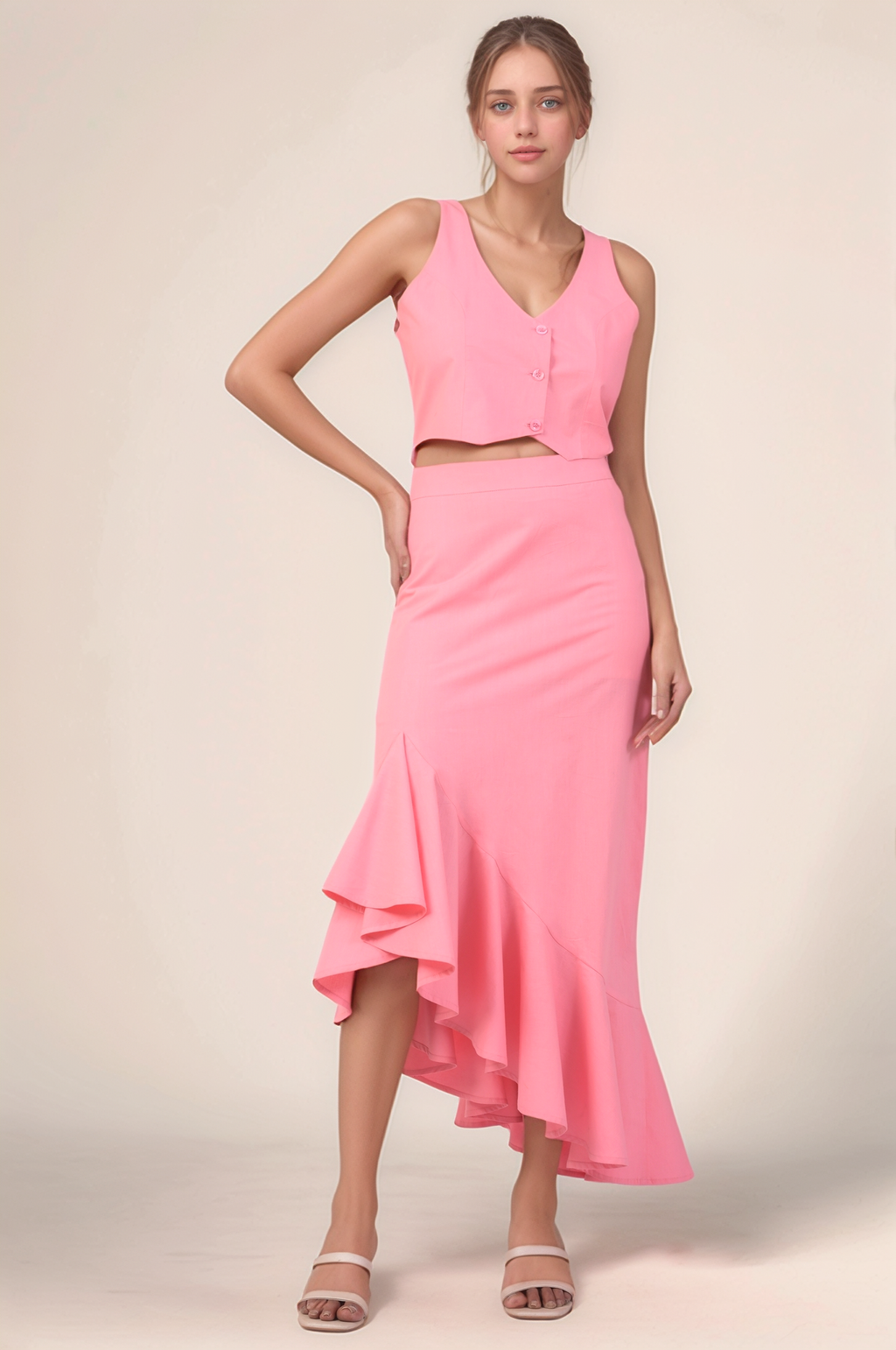 Pink V-Neck Crop Cotton Co-ord suit