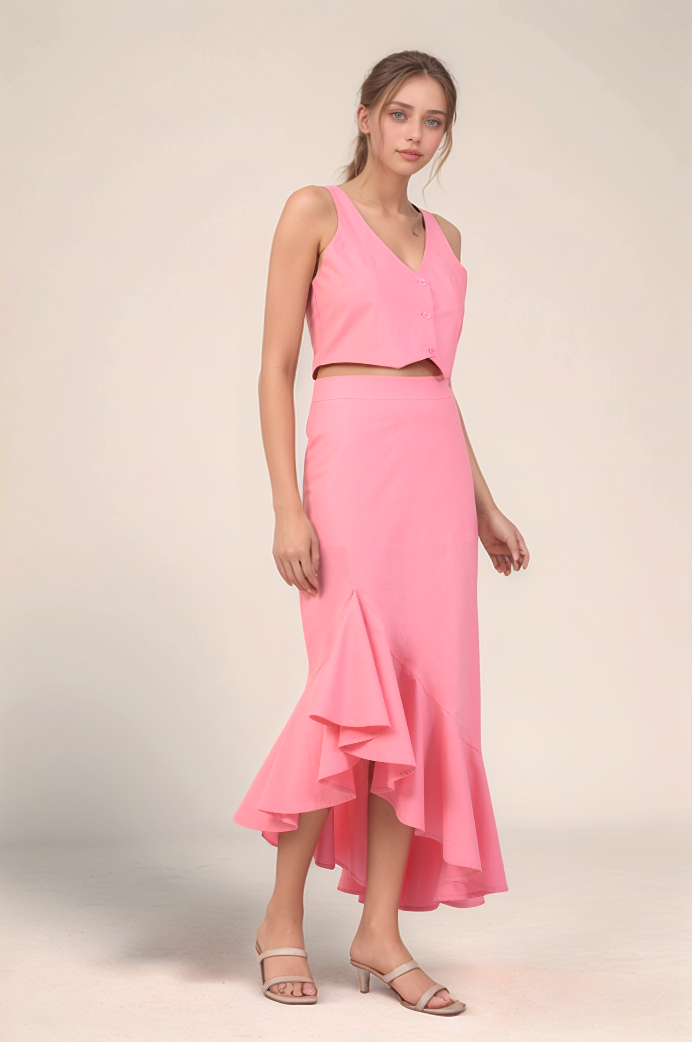 Pink V-Neck Crop Cotton Co-ord suit