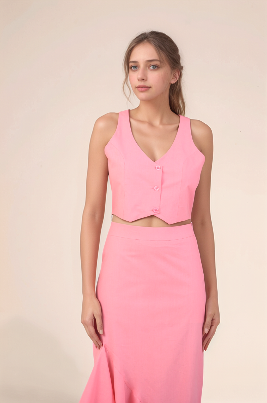 Pink V-Neck Crop Cotton Waist Coat