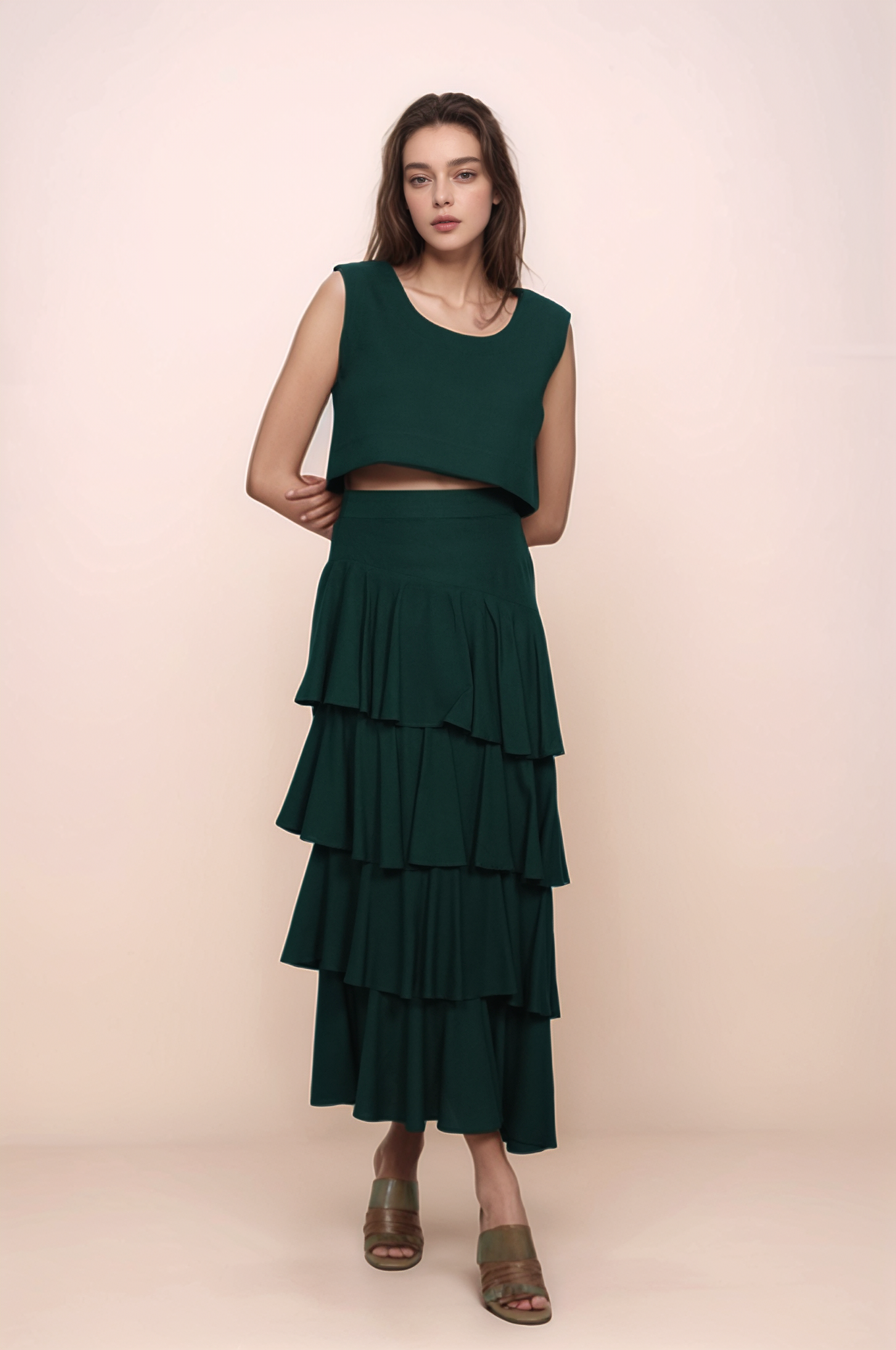 Green Cotton Crop Top Co-ord Suit