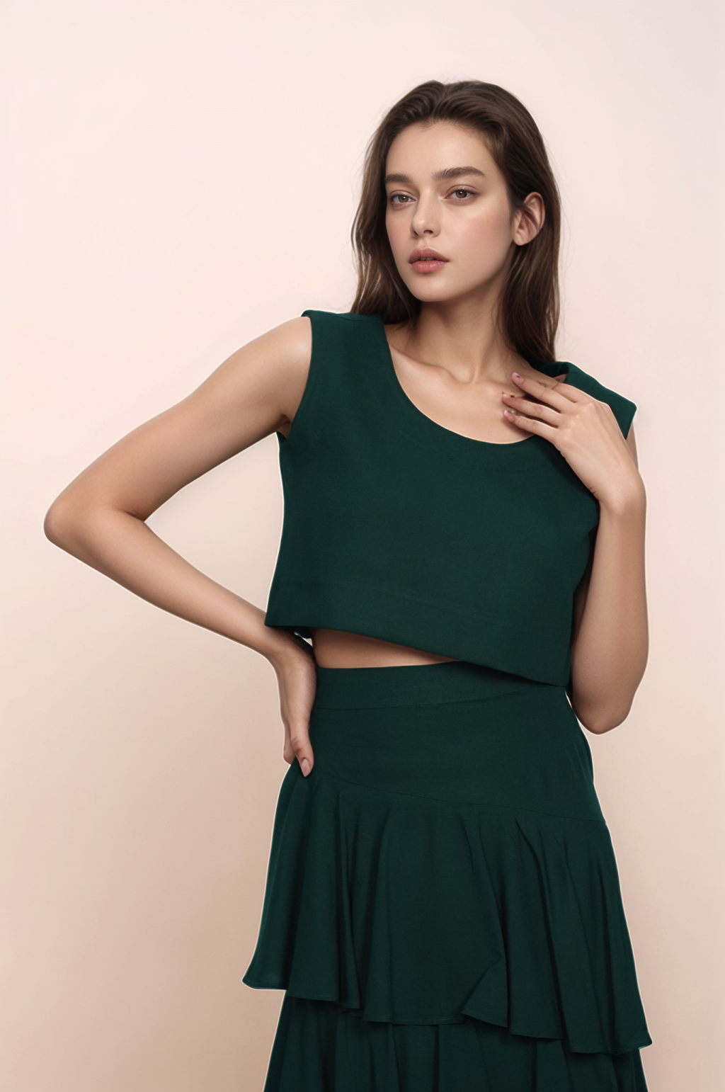 Green Cotton Crop Top Co-ord Suit