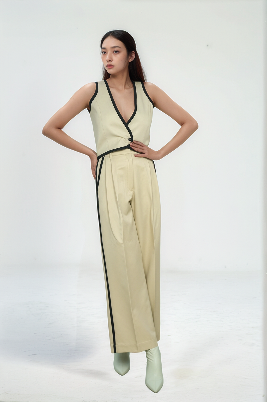 Beige Black Piping Waistcoat