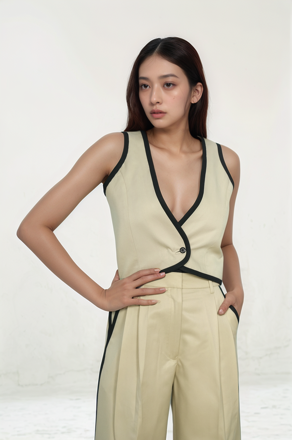 Beige Black Piping Waistcoat