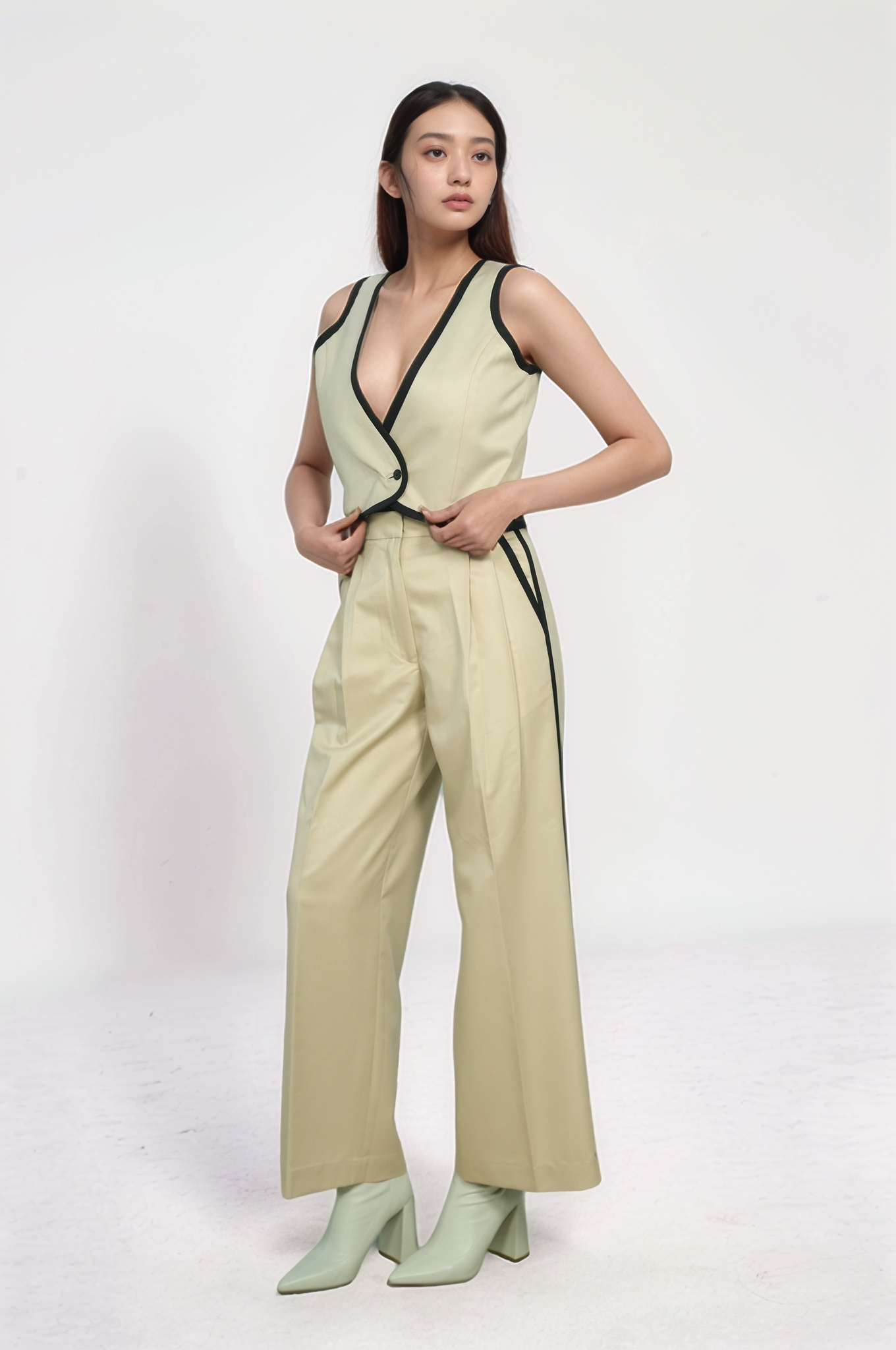 Beige Black Piping Waistcoat
