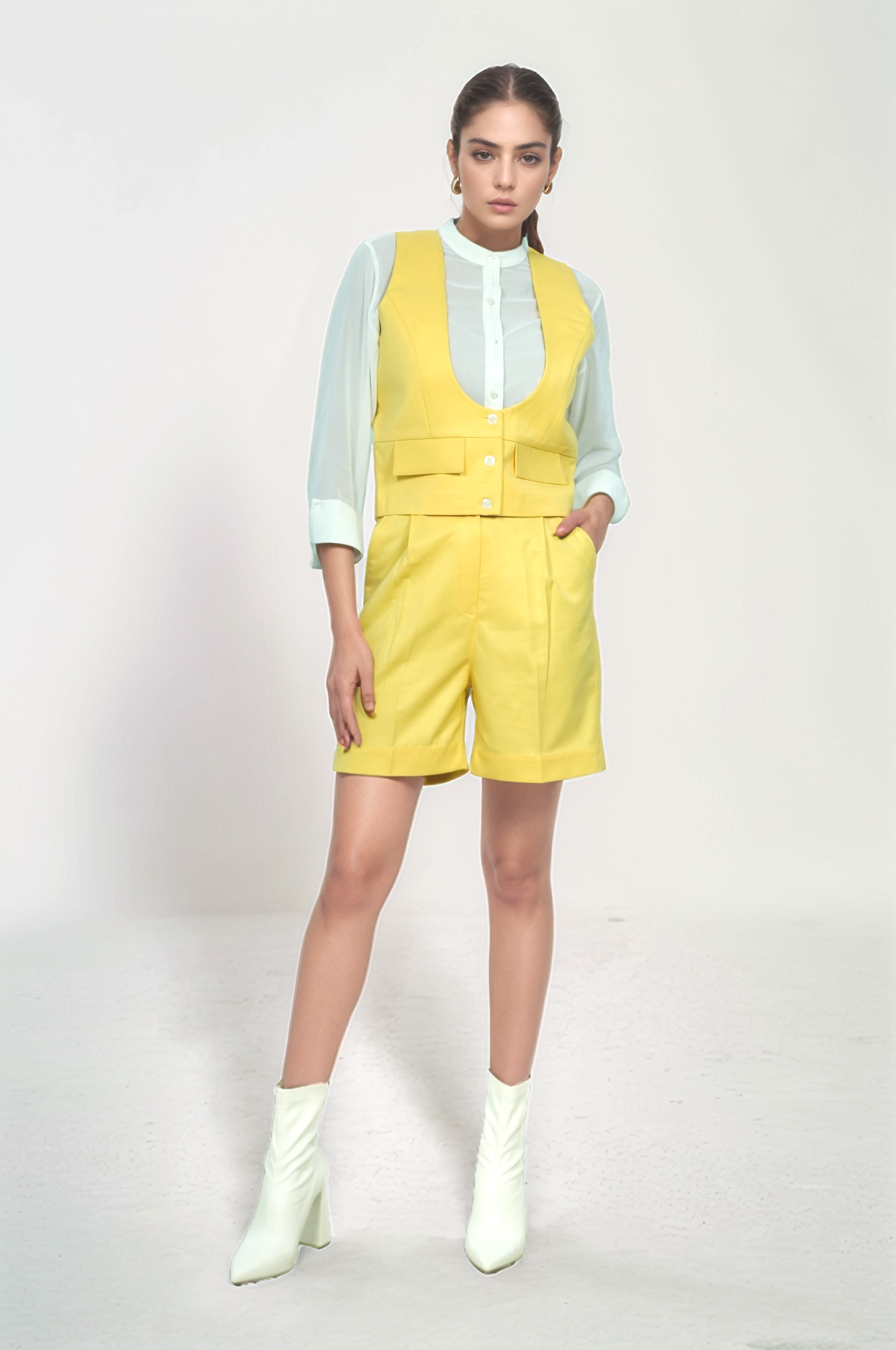 Yellow U-Neck Jacket-Short Co-ord Suit