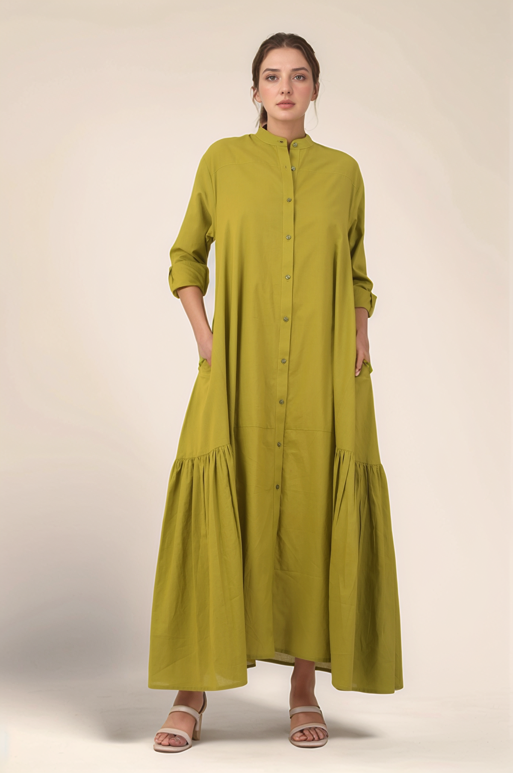 Mustard Green Gathered Cotton Dress