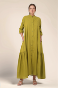 Mustard Green Gathered Cotton Dress