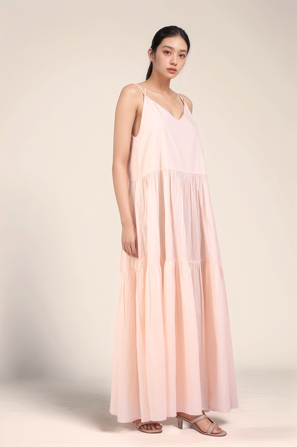 Powder Pink Cotton tiered maxi Dress