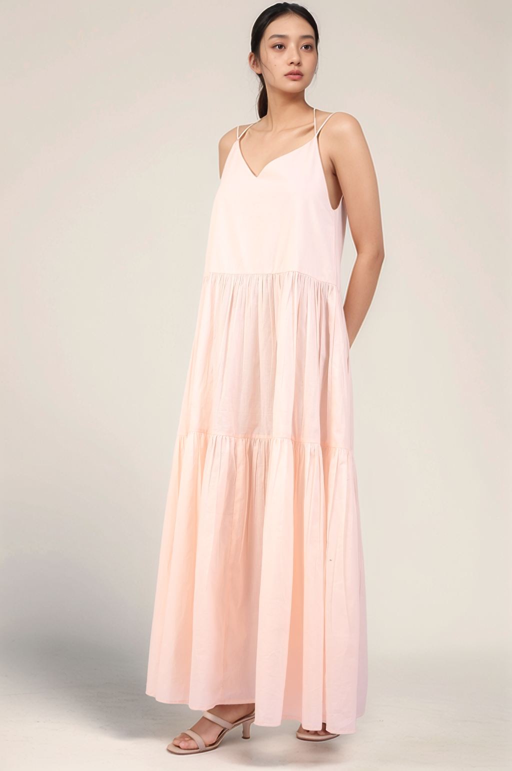 Powder Pink Cotton tiered maxi Dress