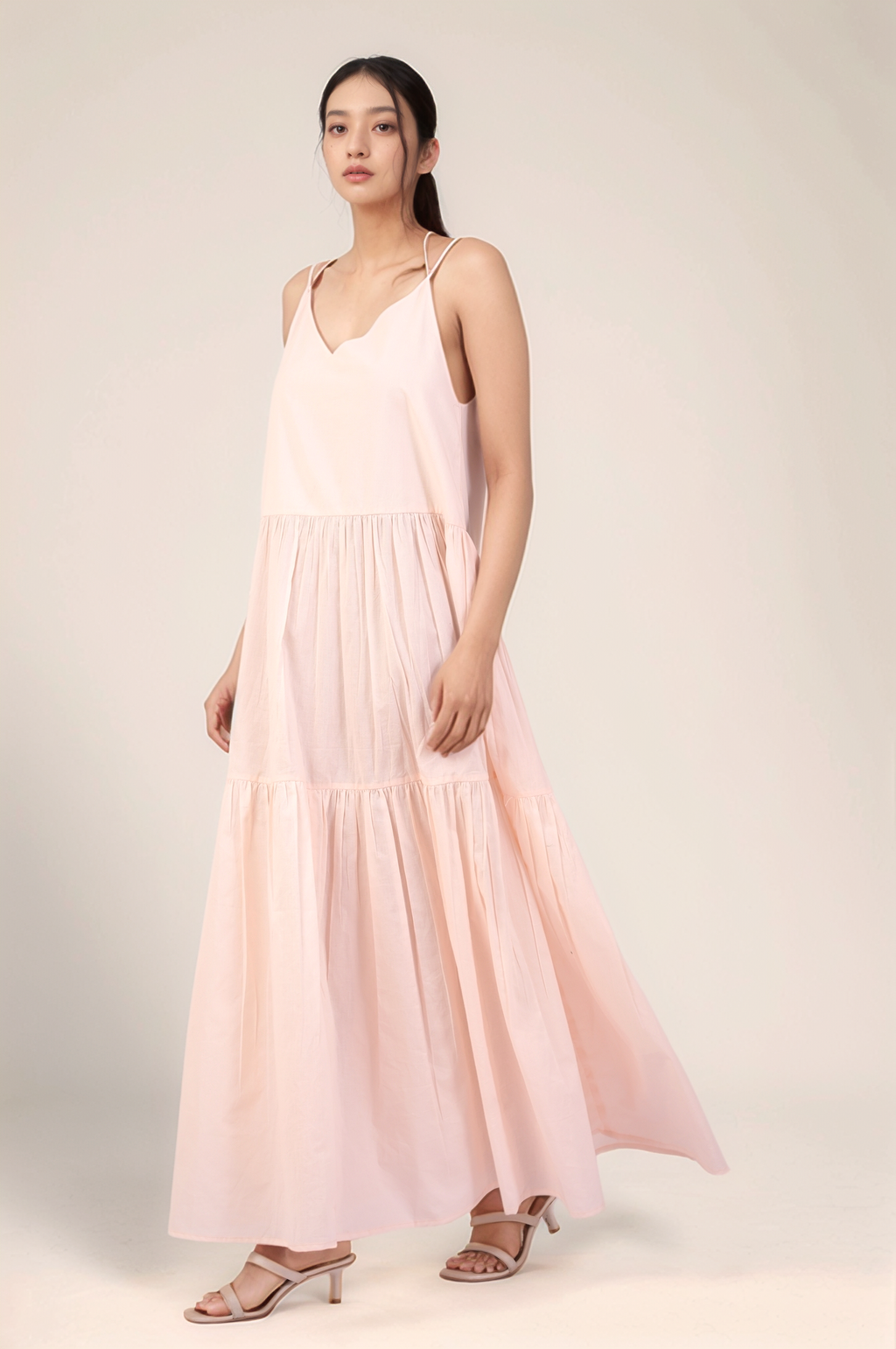 Powder Pink Cotton tiered maxi Dress