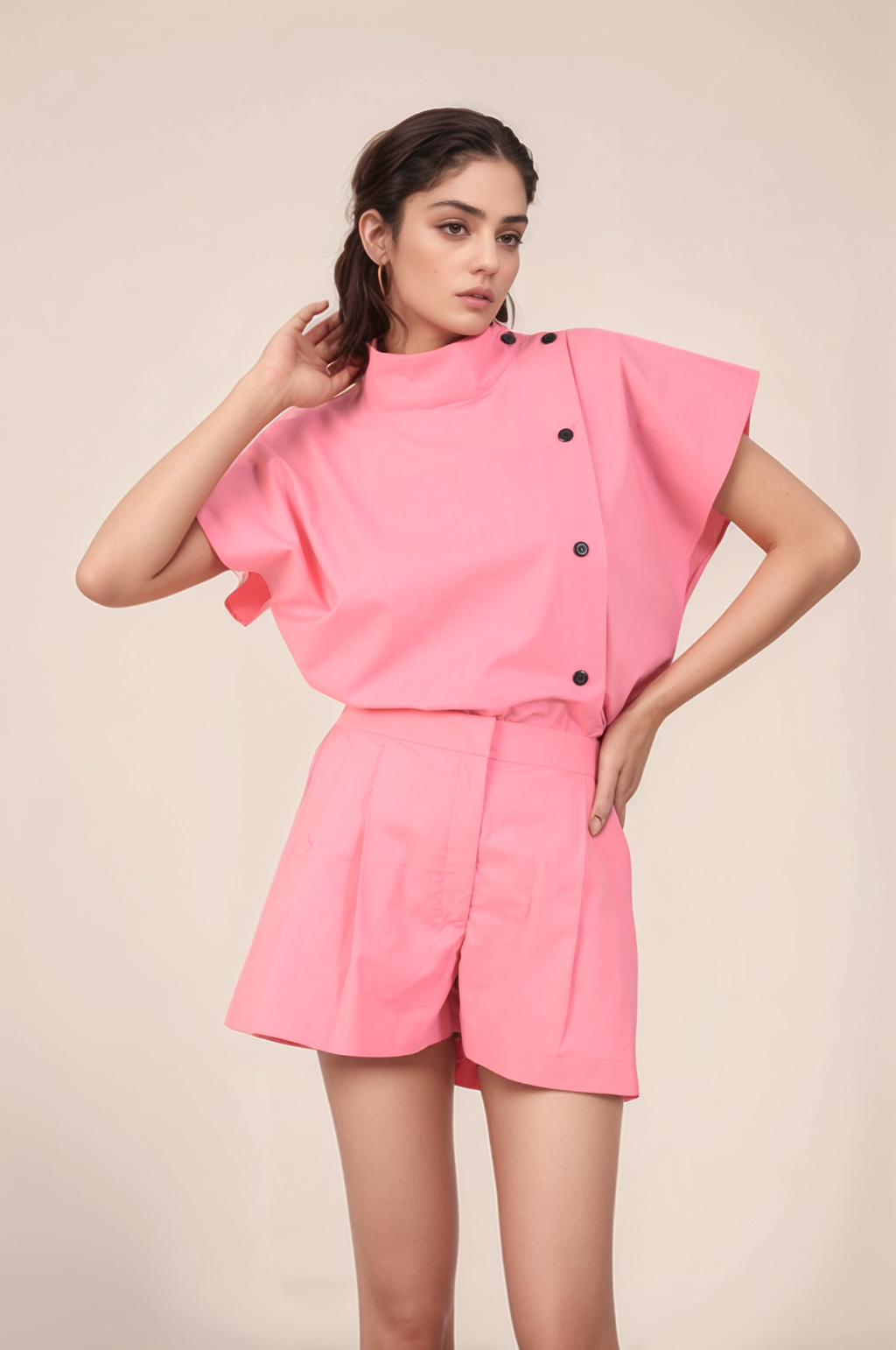Pink Turtle Neck Loose Cotton Co-ord Suit