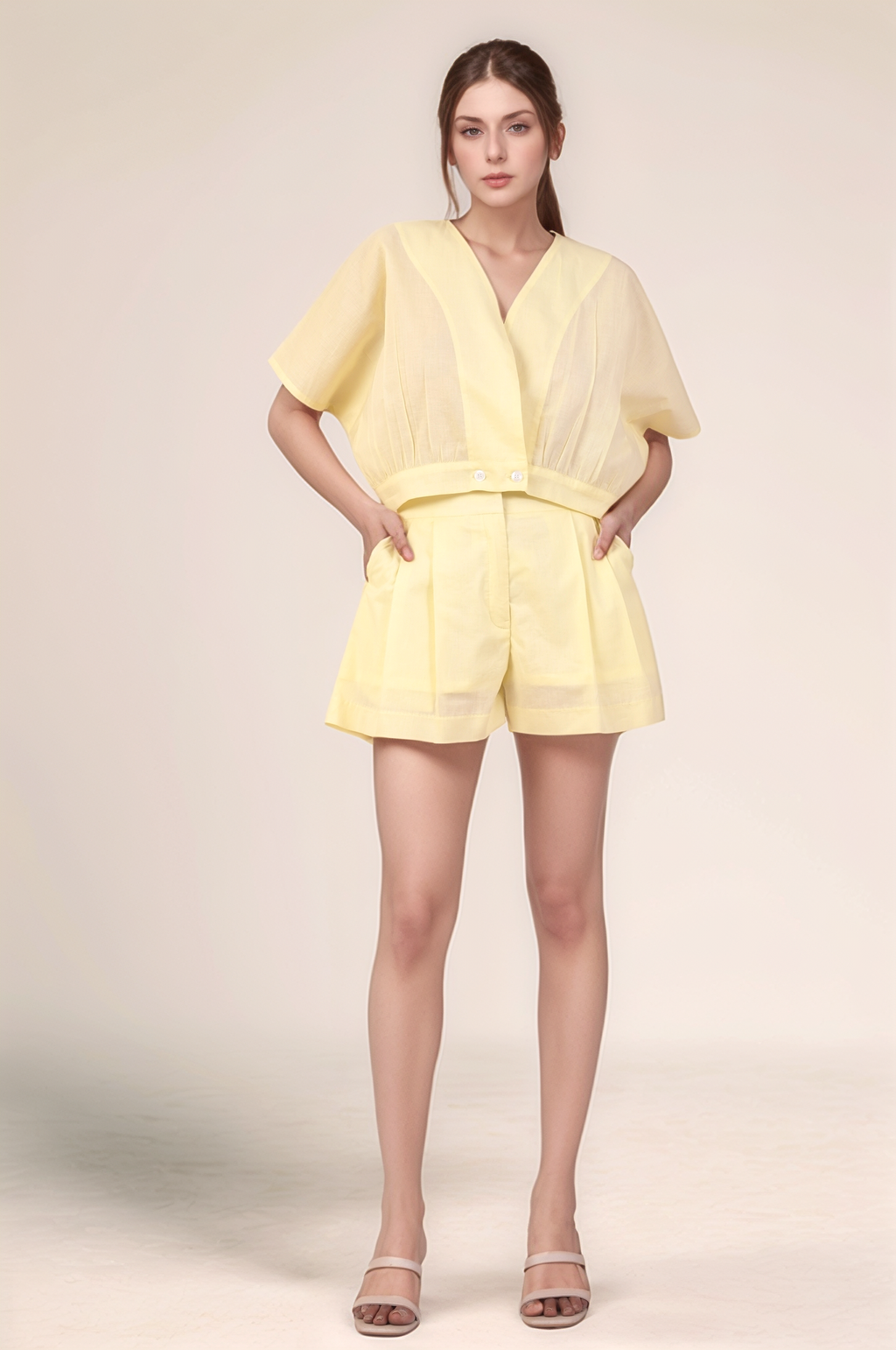 Pale Yellow Cotton Loose Shorts