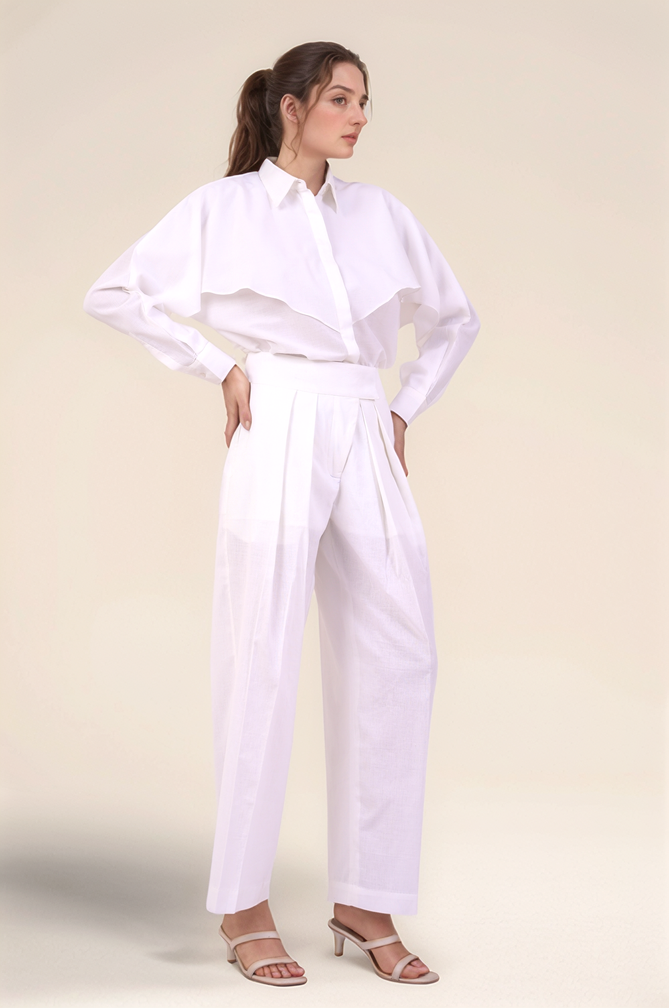 White Cotton Double Pleated Trouser