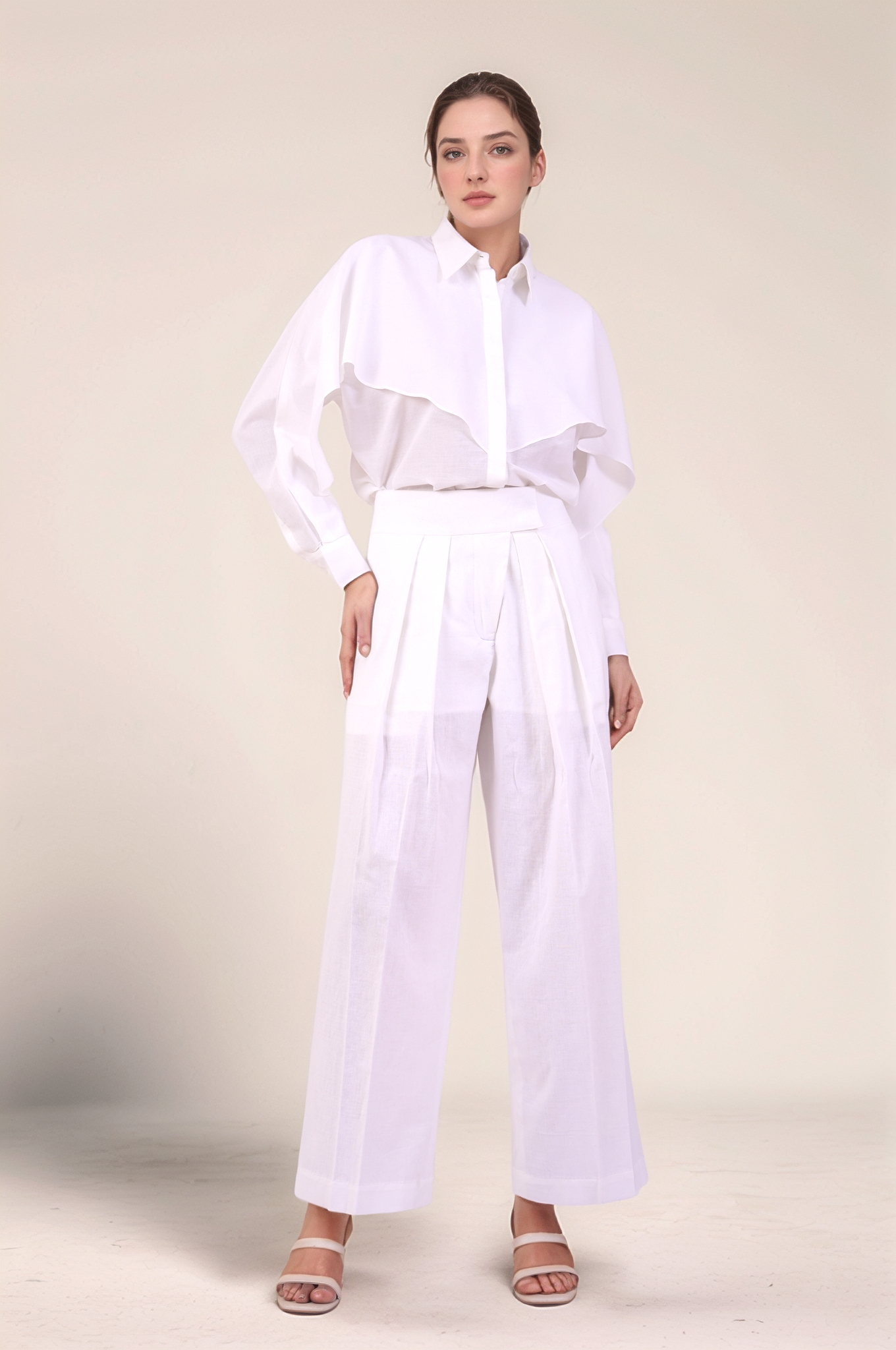 White Cotton Double Pleated Trouser