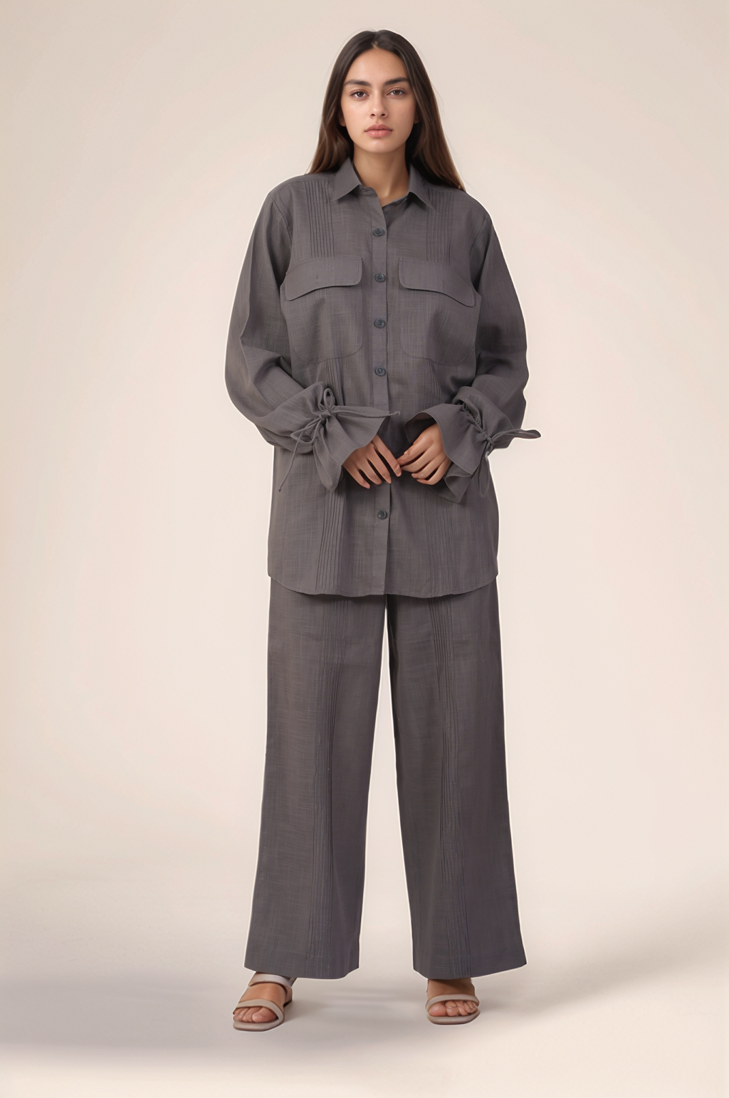 Grey Drawstring Sleeve Cotton Shirt