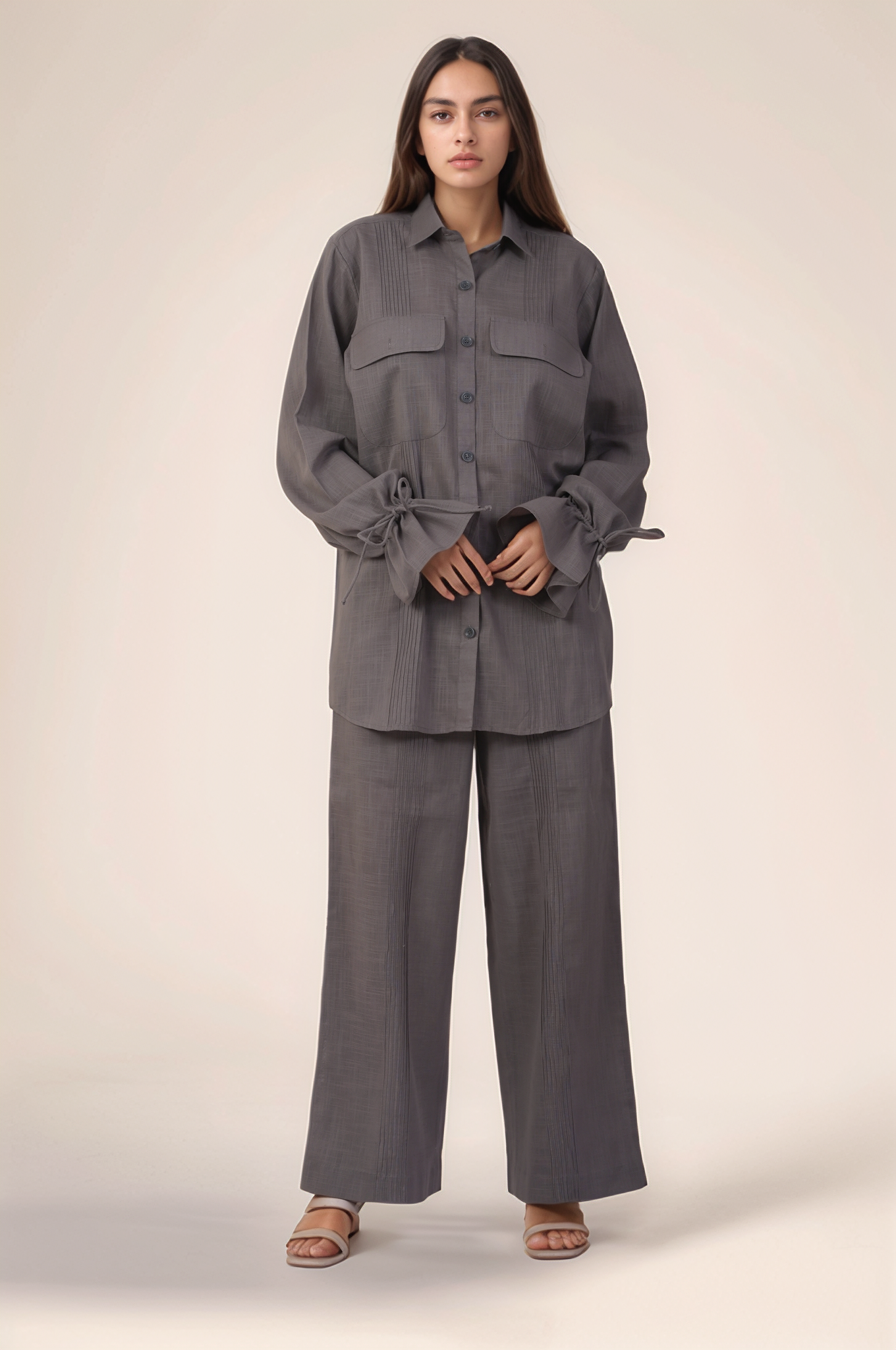 Grey Drawstring Sleeve Cotton Shirt