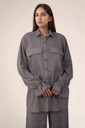 Grey Drawstring Sleeve Cotton Shirt