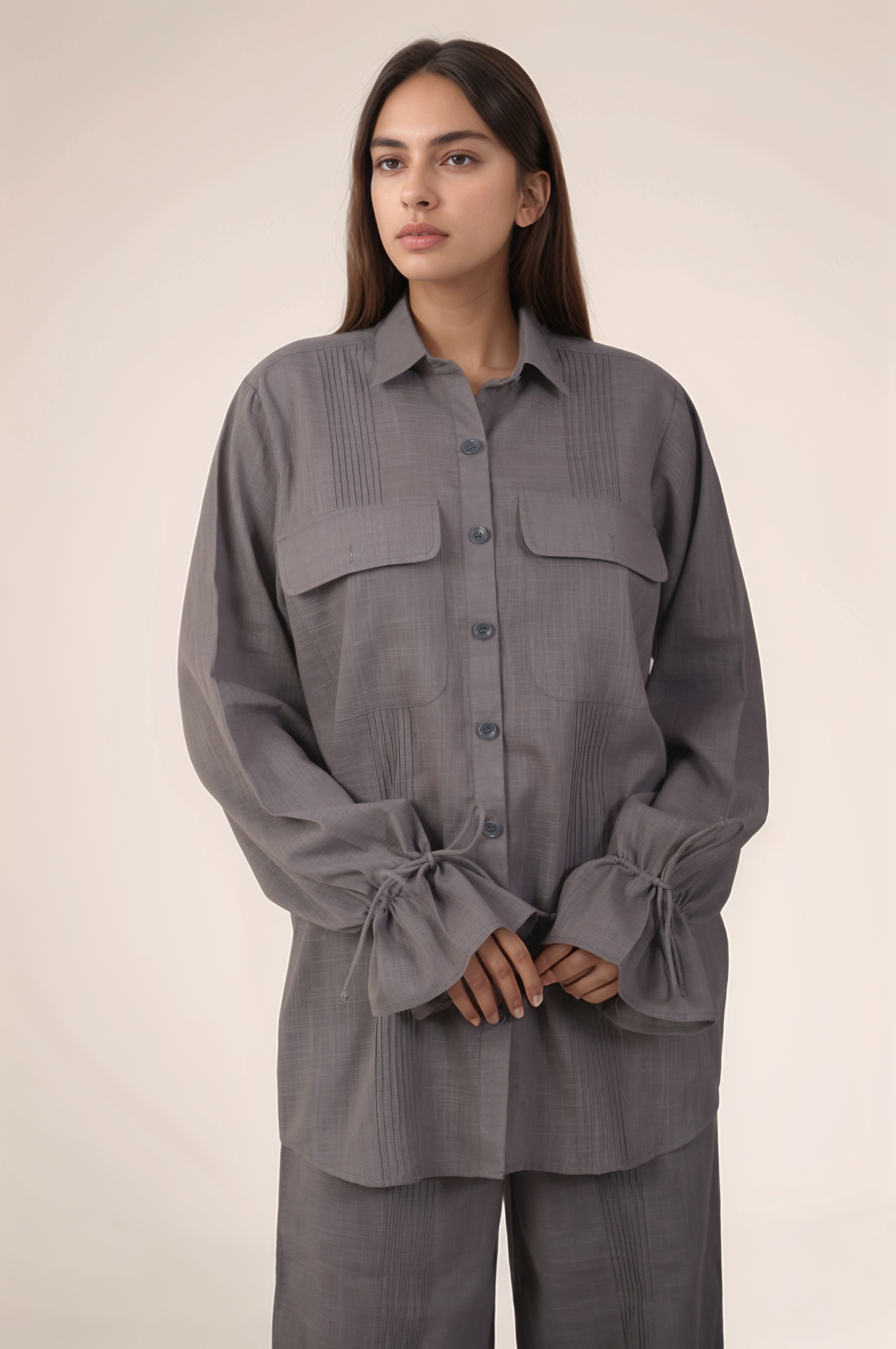 Grey Drawstring Sleeve Cotton Shirt
