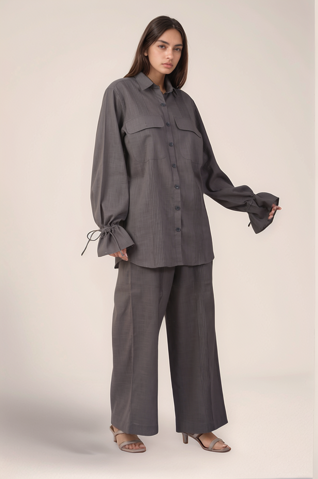 Grey Drawstring Sleeve Cotton Shirt