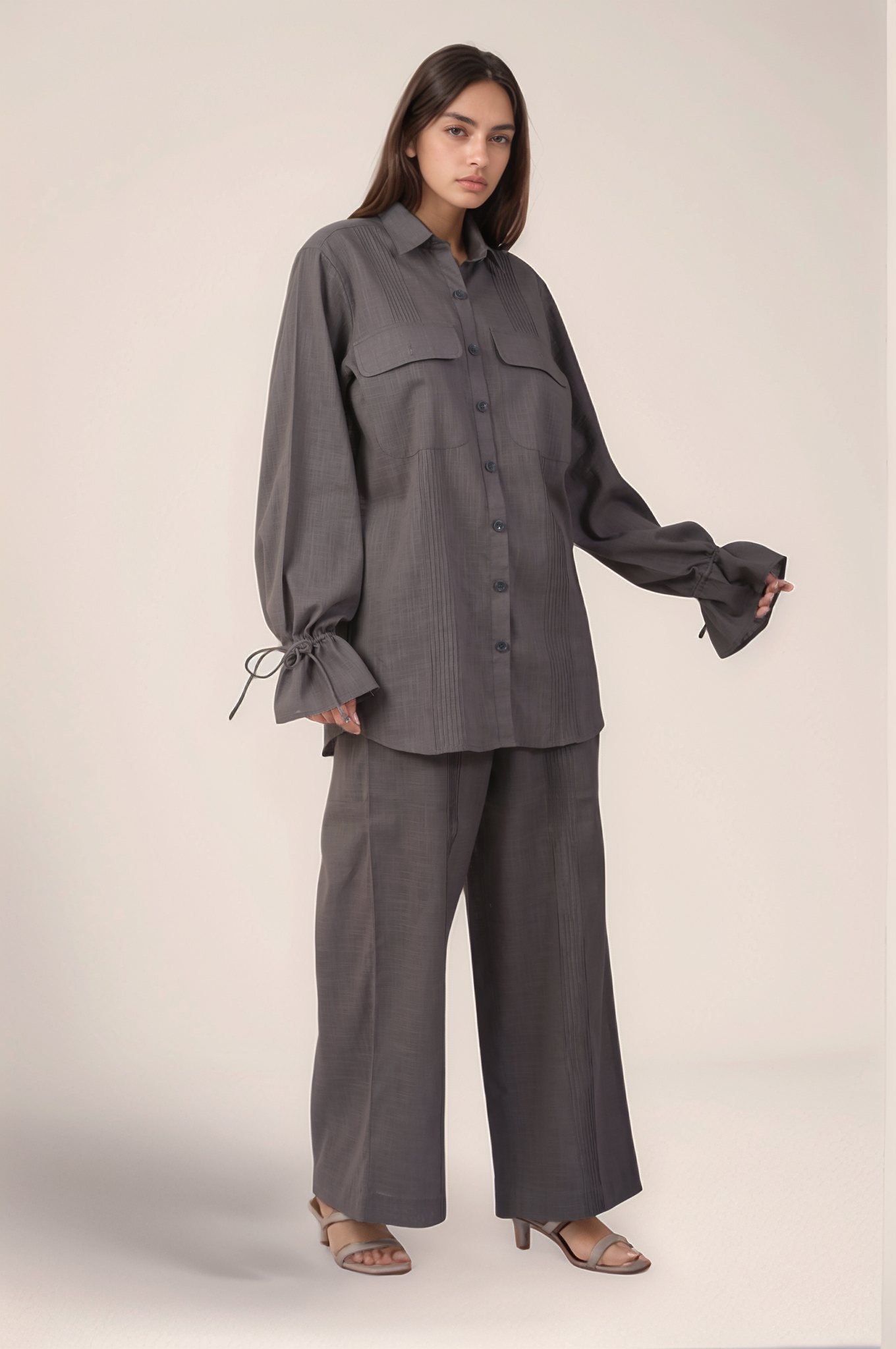 Grey Drawstring Sleeve Cotton Shirt