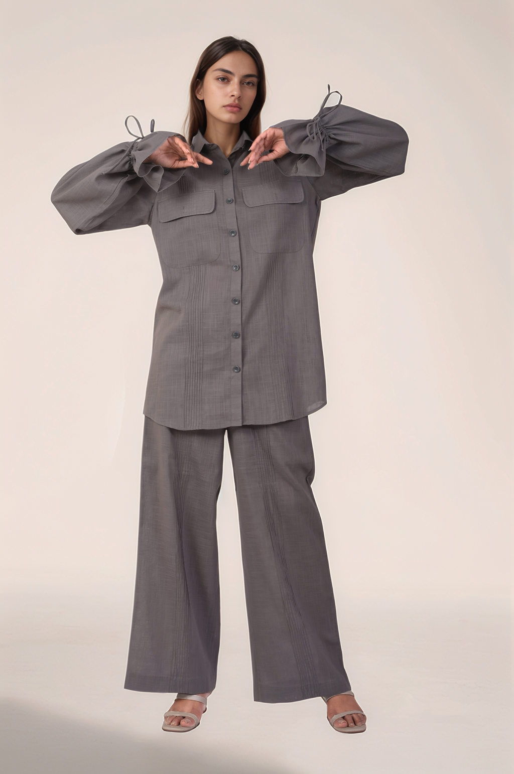 Grey Drawstring Sleeve Cotton Co-ord suit