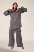 Grey Drawstring Sleeve Cotton Co-ord suit