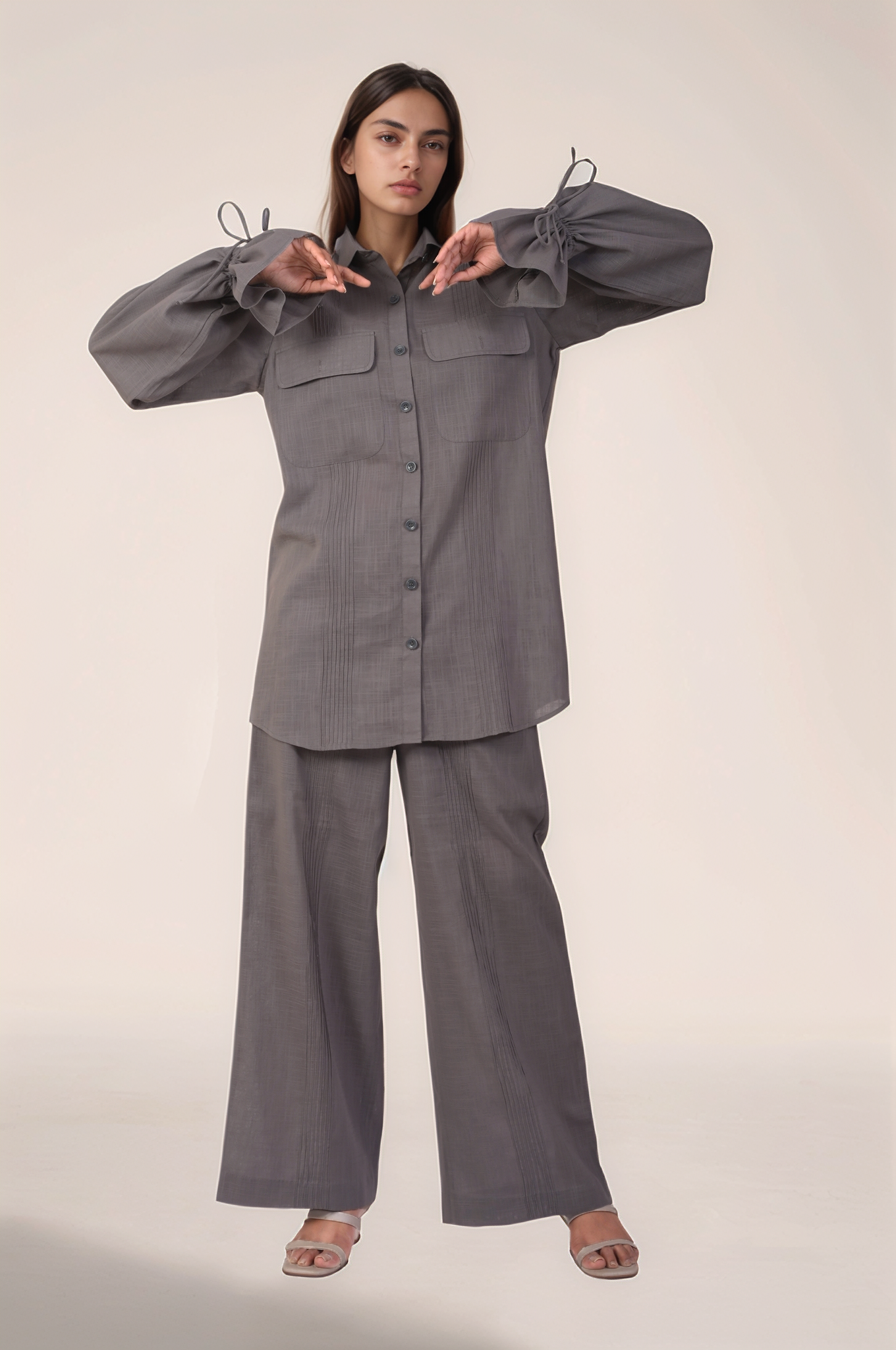 Grey Drawstring Sleeve Cotton Shirt
