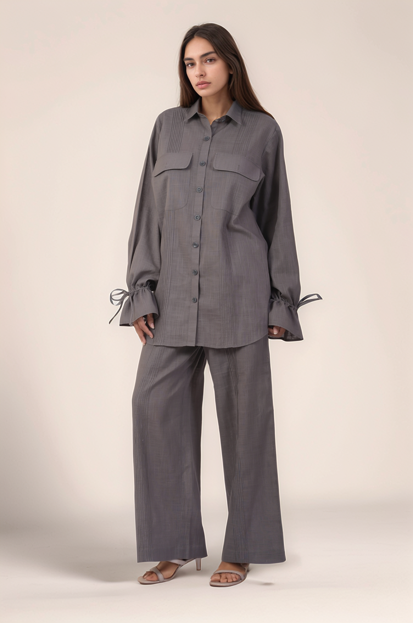 Grey Drawstring Sleeve Cotton Co-ord suit